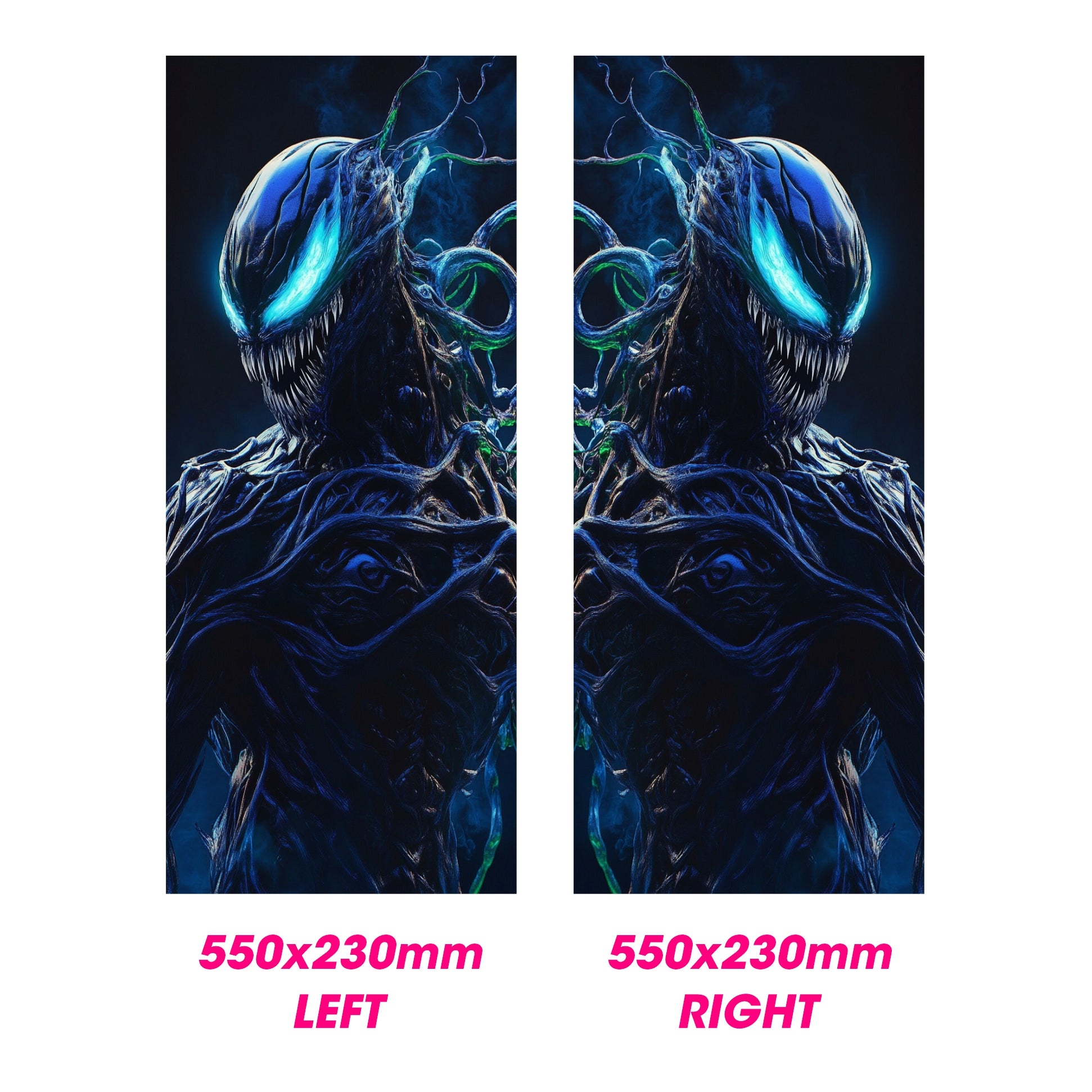 Two vinyl wraps with a blue and black character design, labeled 'LEFT' and 'RIGHT'.