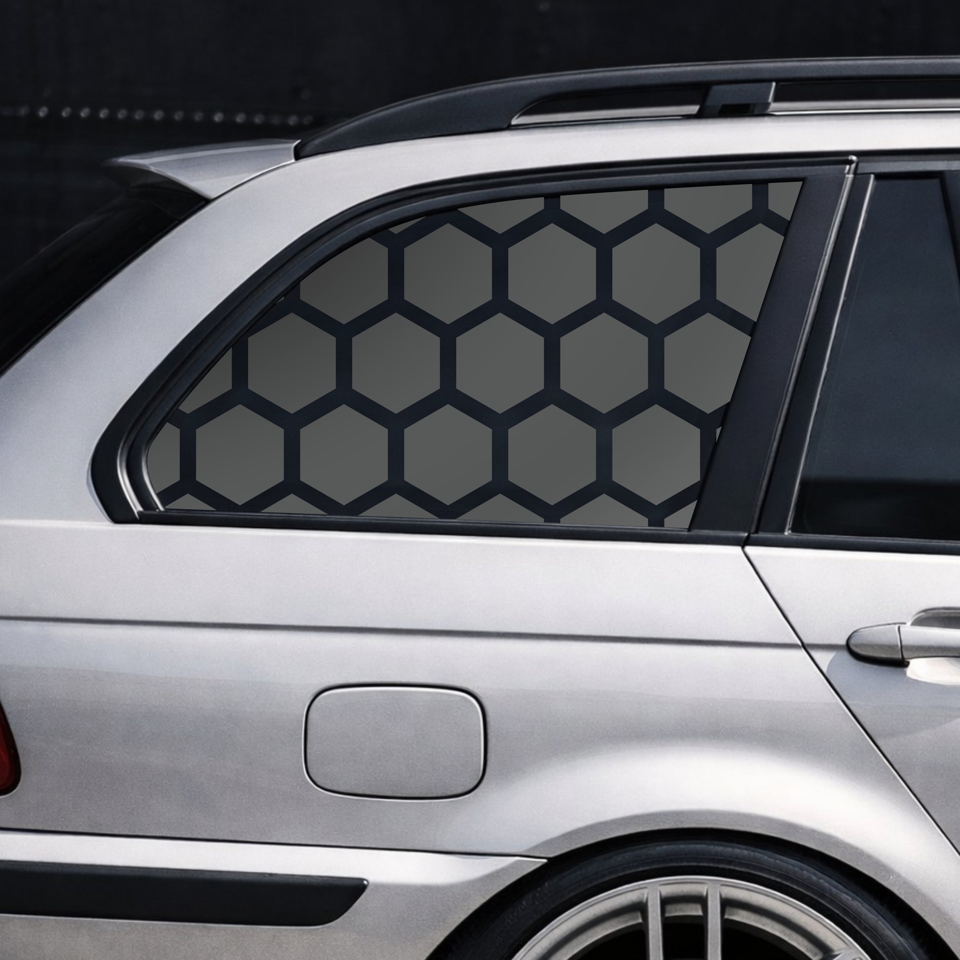 Black Matt BEE CELLS rear side window decal on silver BMW