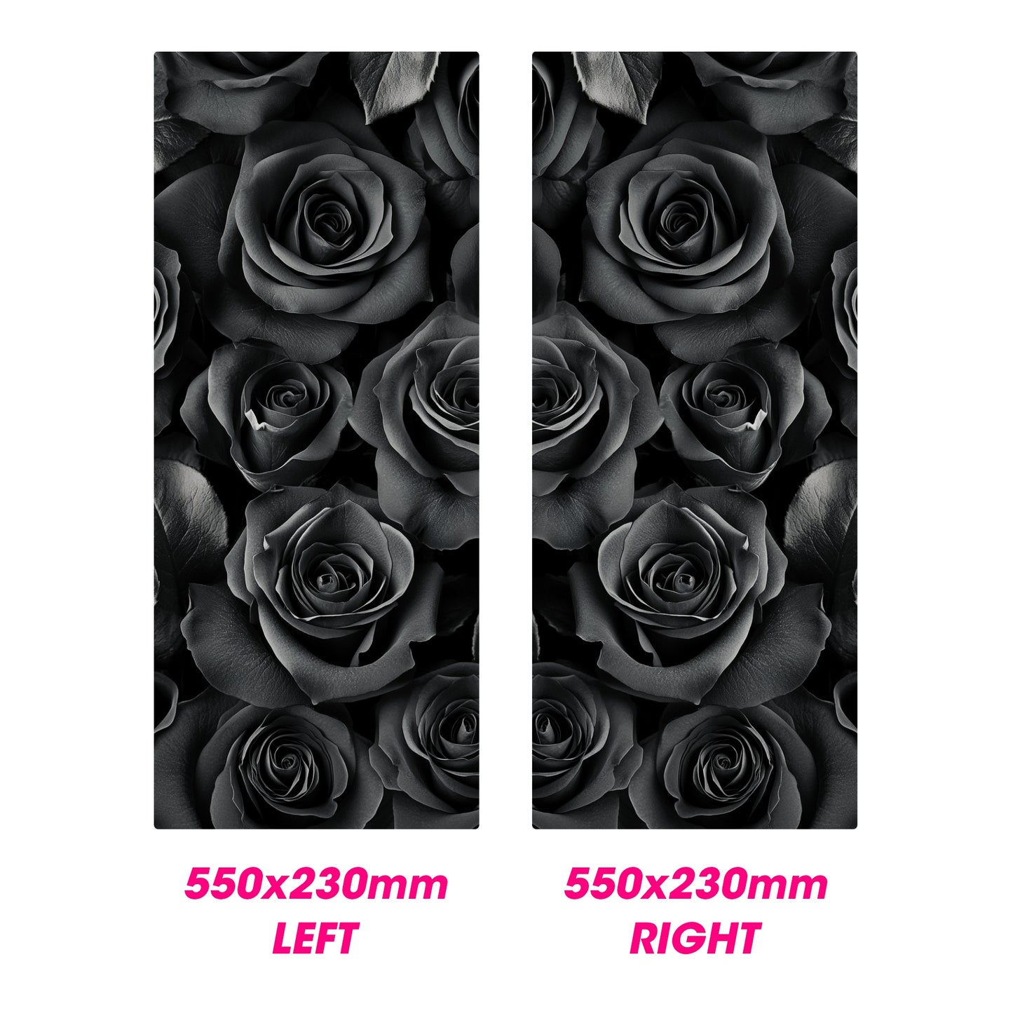 Two panels of black roses with dimensions 550x230mm each on a white background.