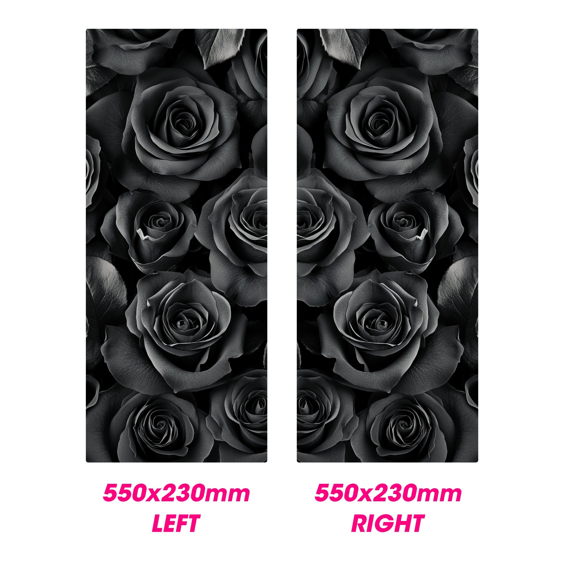 Two panels of black roses with dimensions 550x230mm each on a white background.
