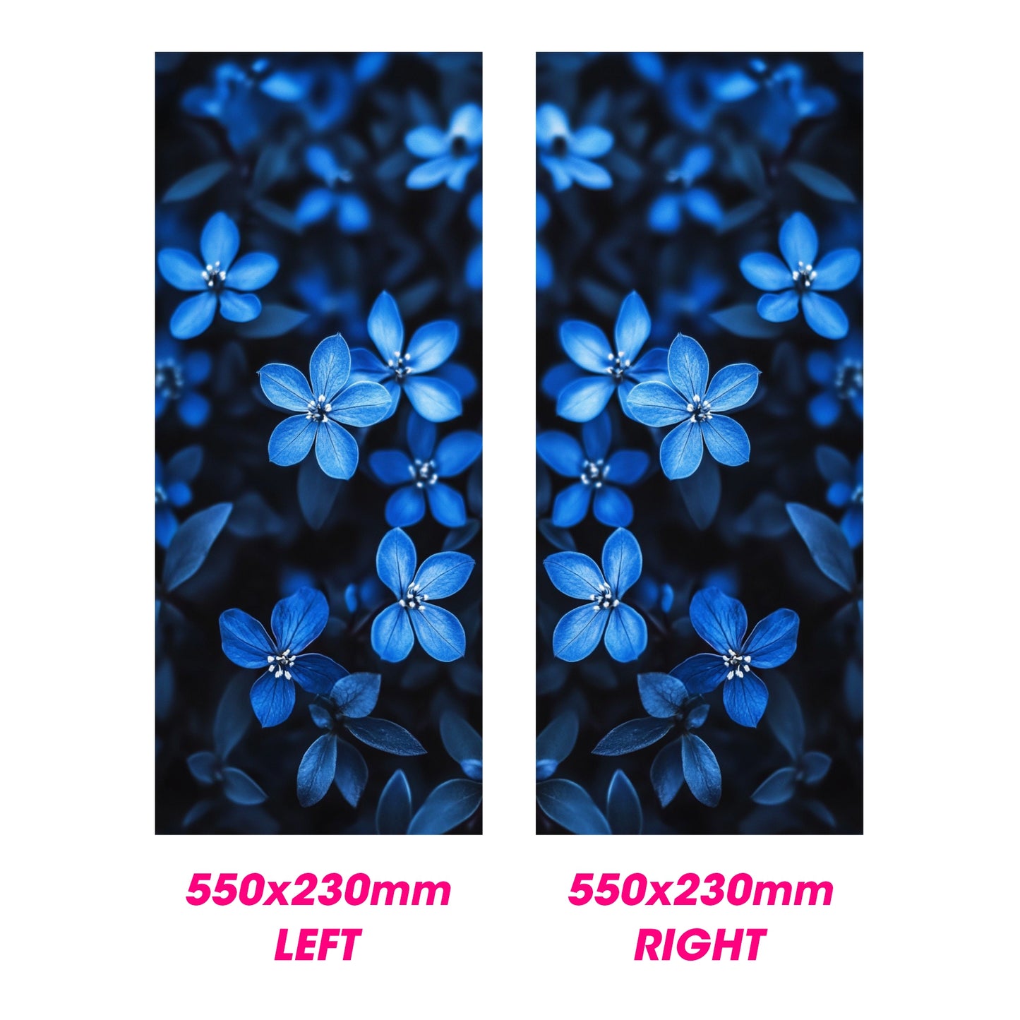 Two panels of blue floral design with dimensions 550x230mm on a white background.