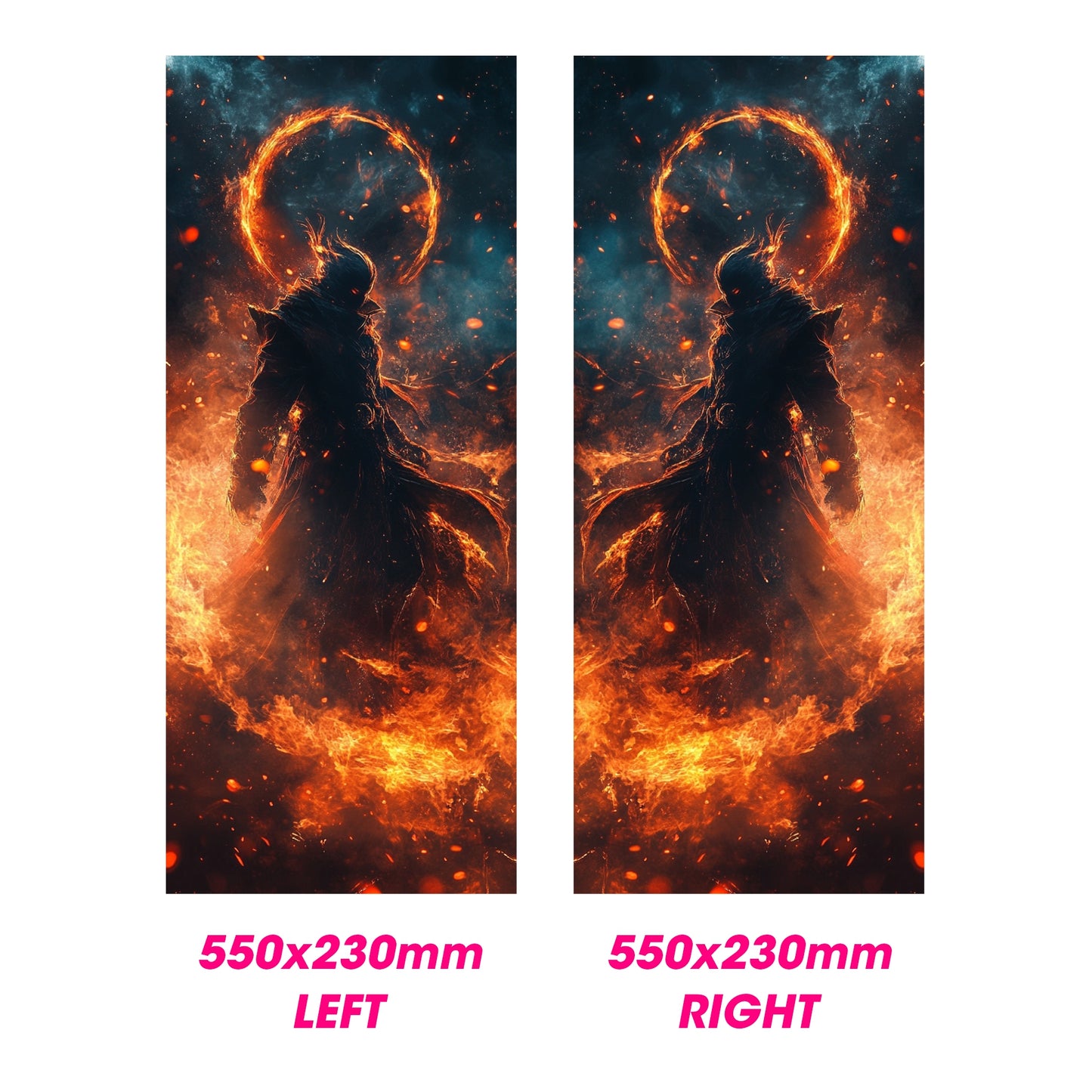Two identical posters of a silhouette with a fiery background, labeled 'LEFT' and 'RIGHT'.