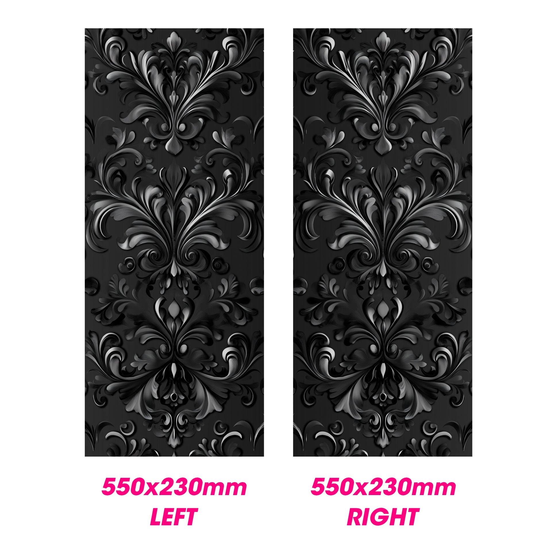 Two black decorative panels with intricate patterns, labeled 'LEFT' and 'RIGHT'.