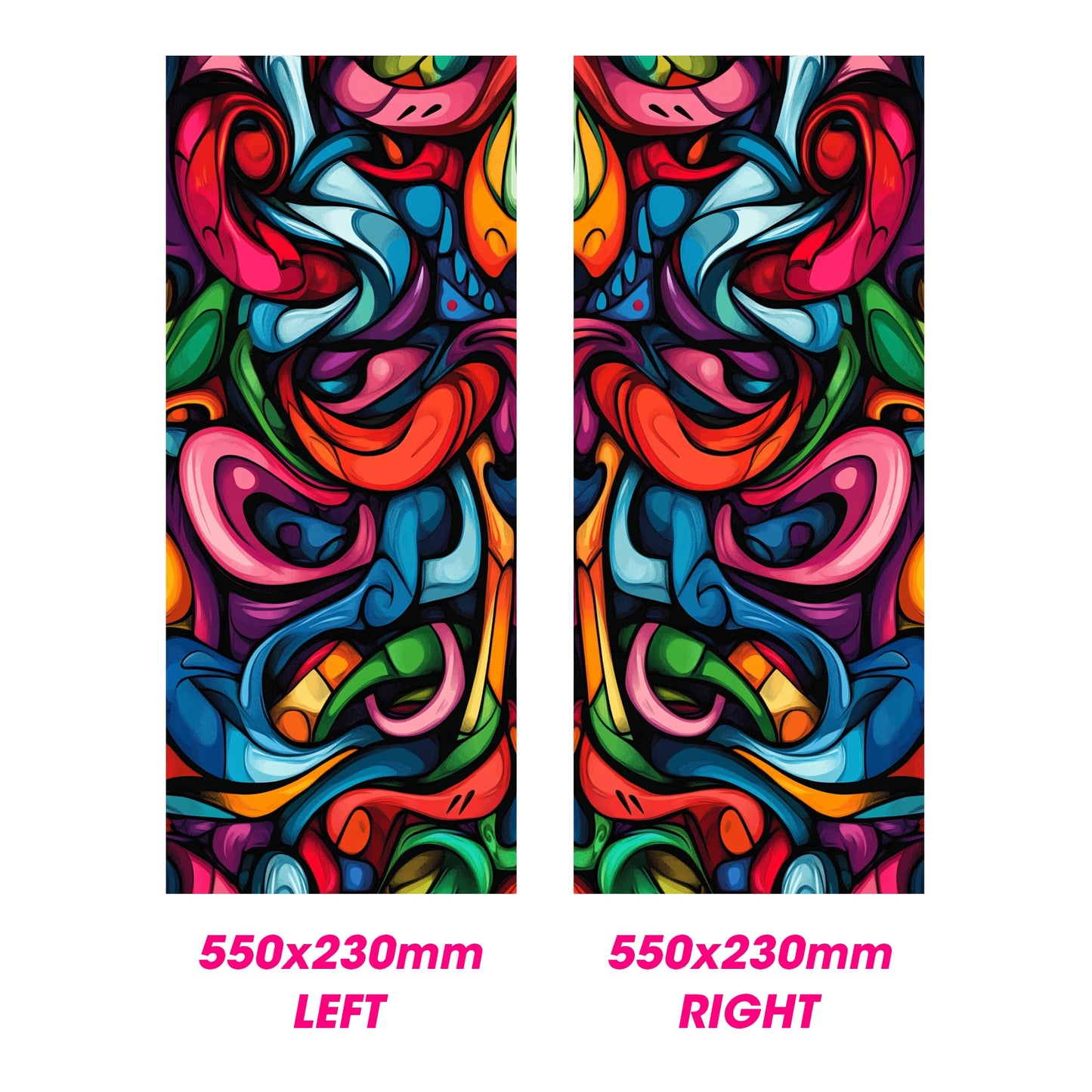 Pair of colorful abstract designs on a white background with dimensions indicated.