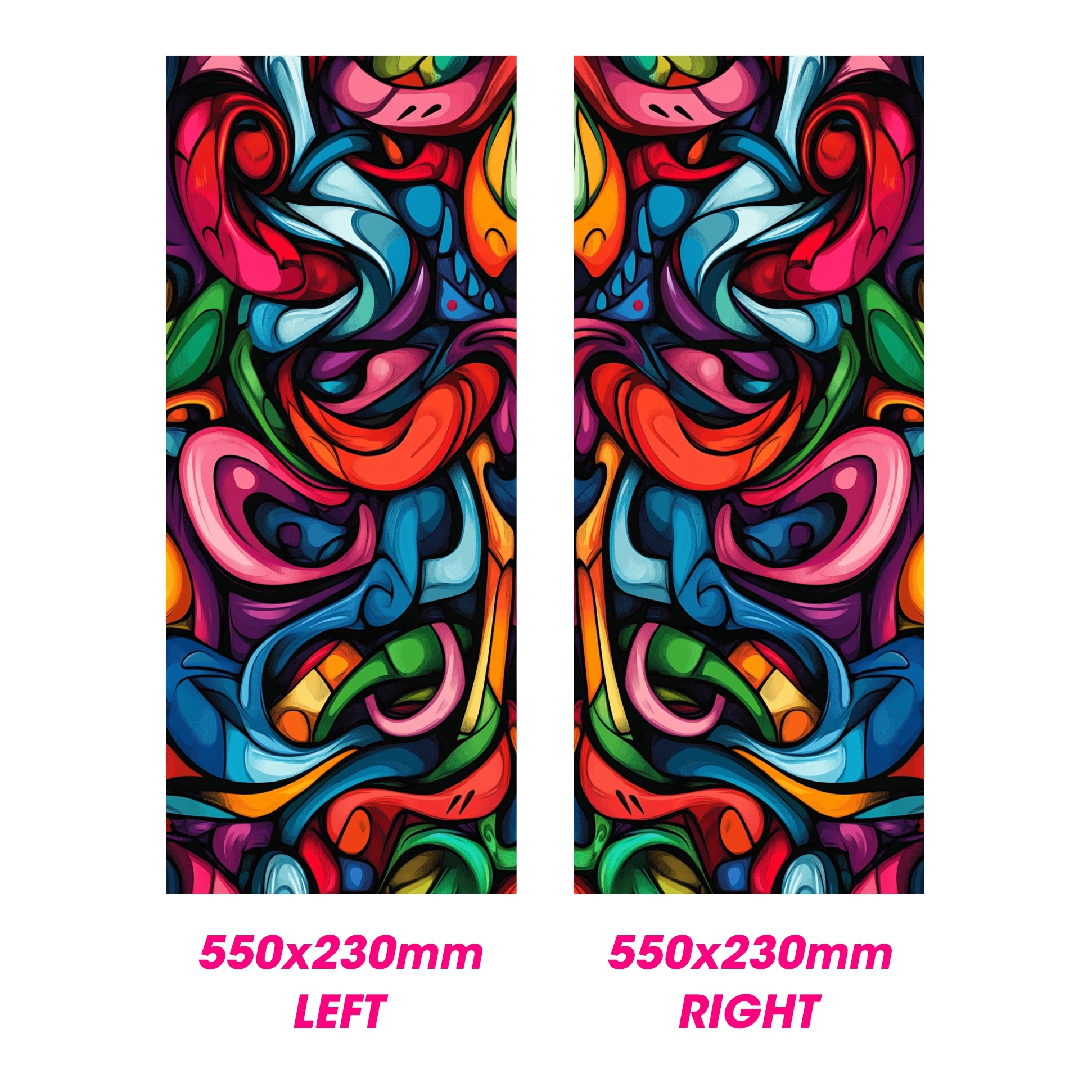 Pair of colorful abstract designs on a white background with dimensions indicated.