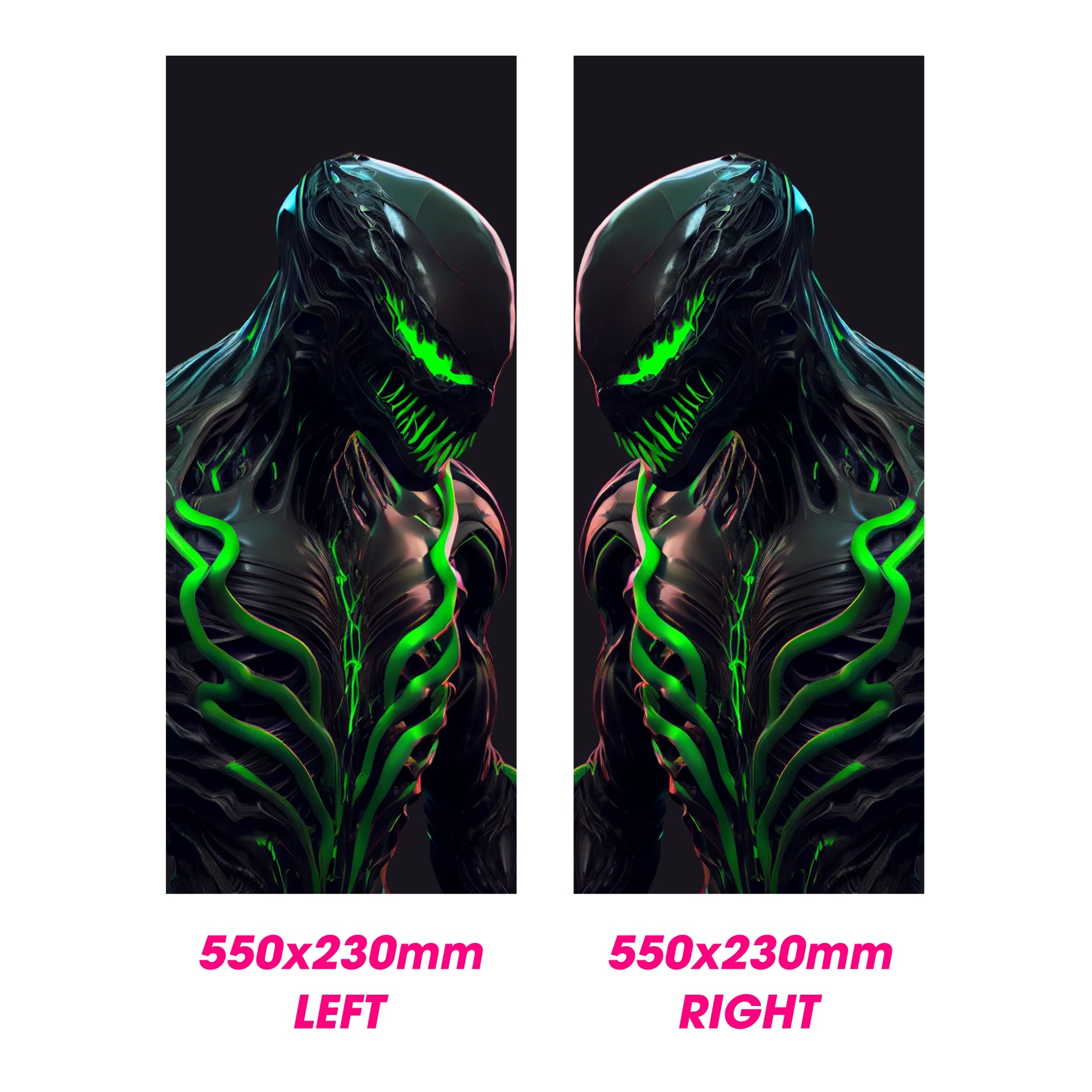 Two identical graphic designs of a creature with green accents on a black background, labeled 'LEFT' and 'RIGHT'.