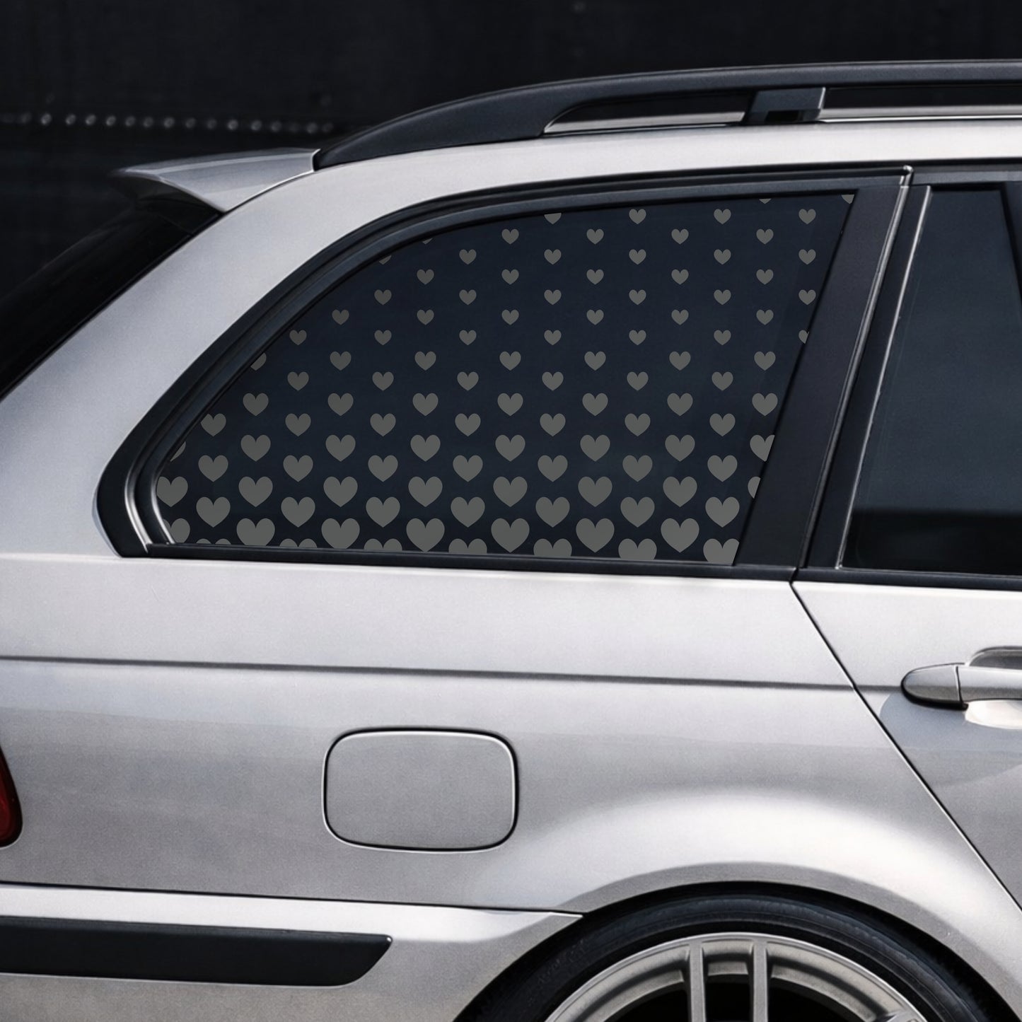 Black Matt HEARTS rear side window decal on silver BMW