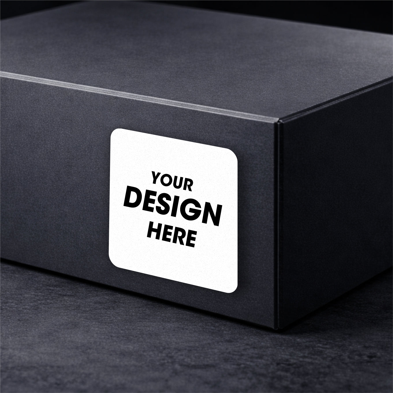 Black box with a white label on a dark background