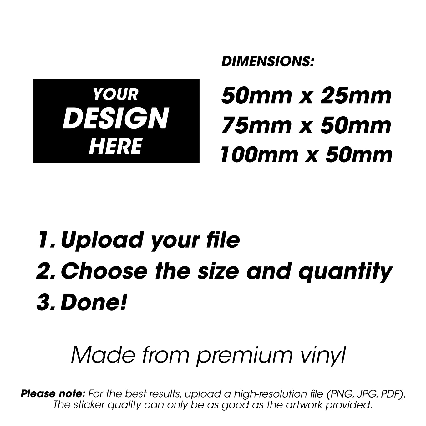 Instructions for customizing stickers with dimensions and premium vinyl material on a white background.