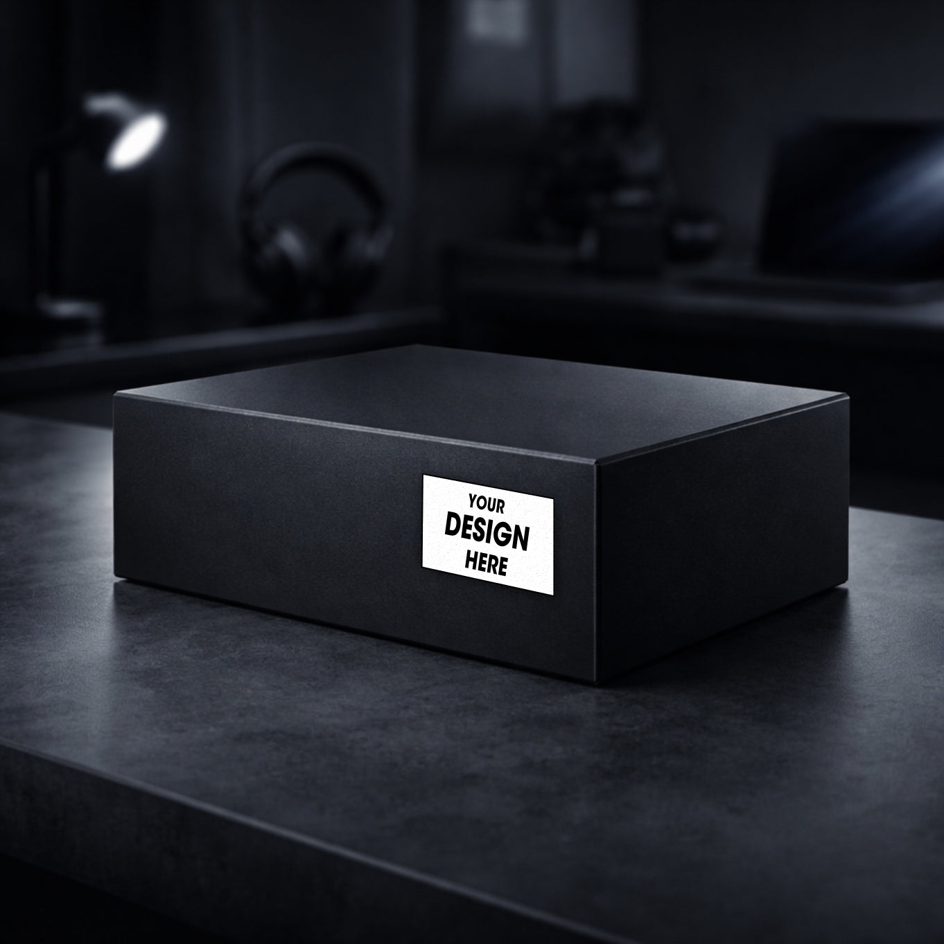 Black box with a customizable label on a dark surface