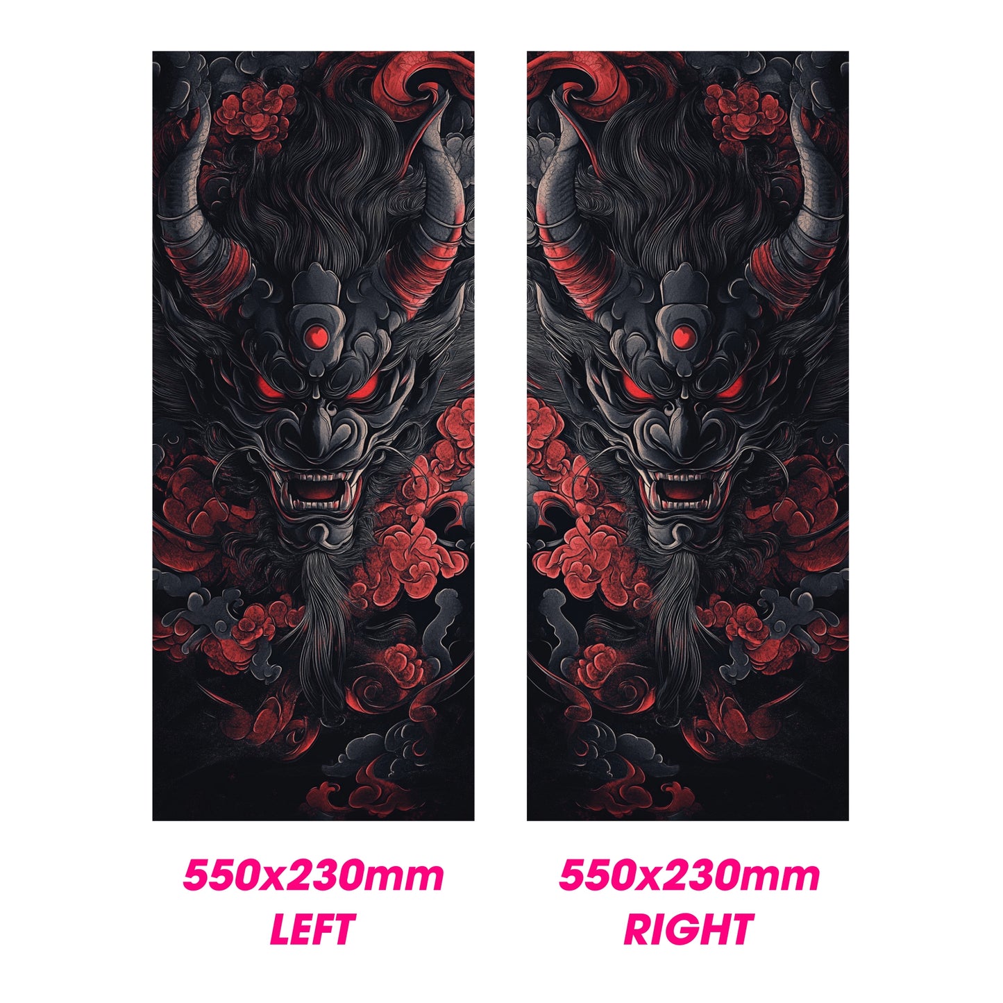 Two identical panels with a dragon design on a black background, labeled 'LEFT' and 'RIGHT'.