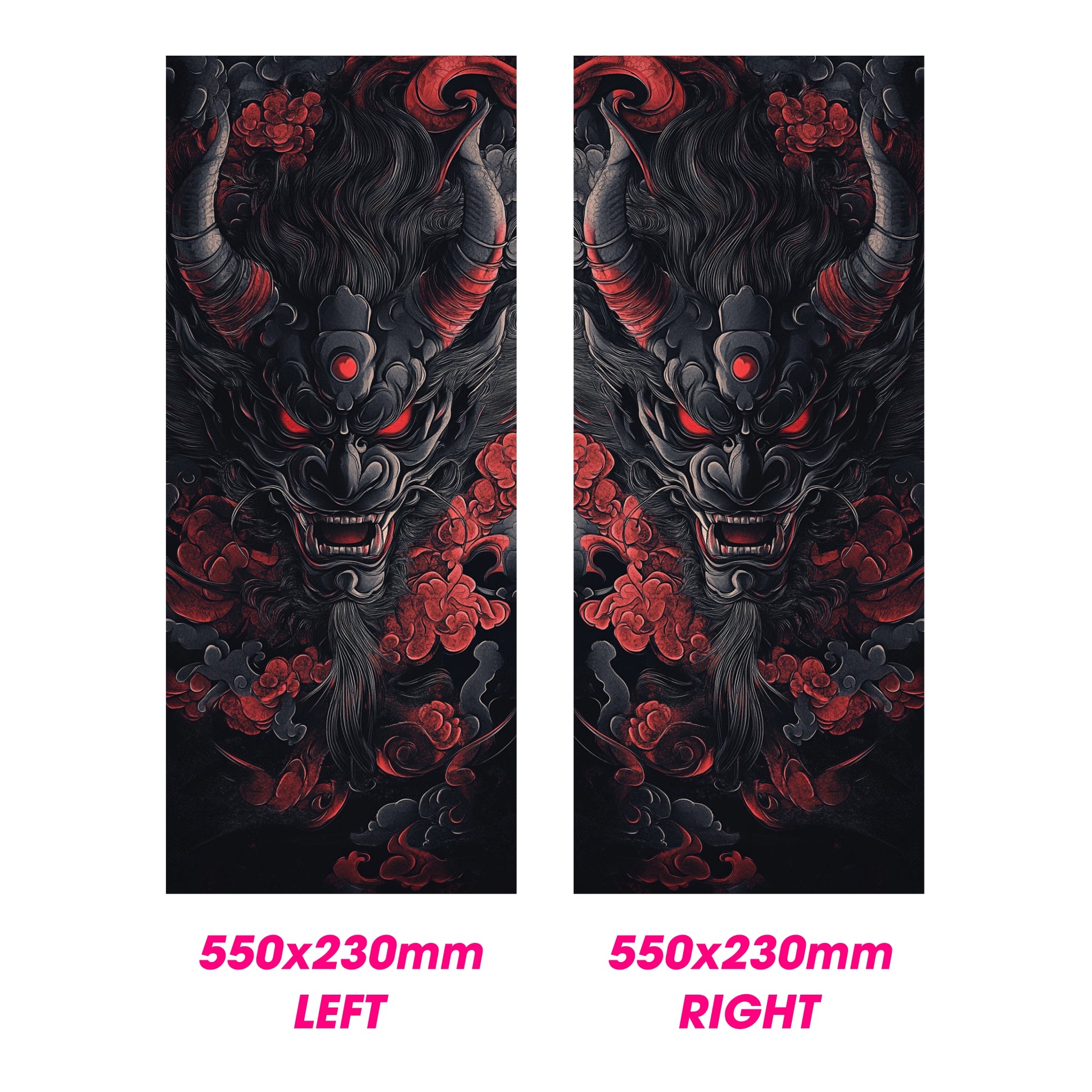 Two identical panels with a dragon design on a black background, labeled 'LEFT' and 'RIGHT'.