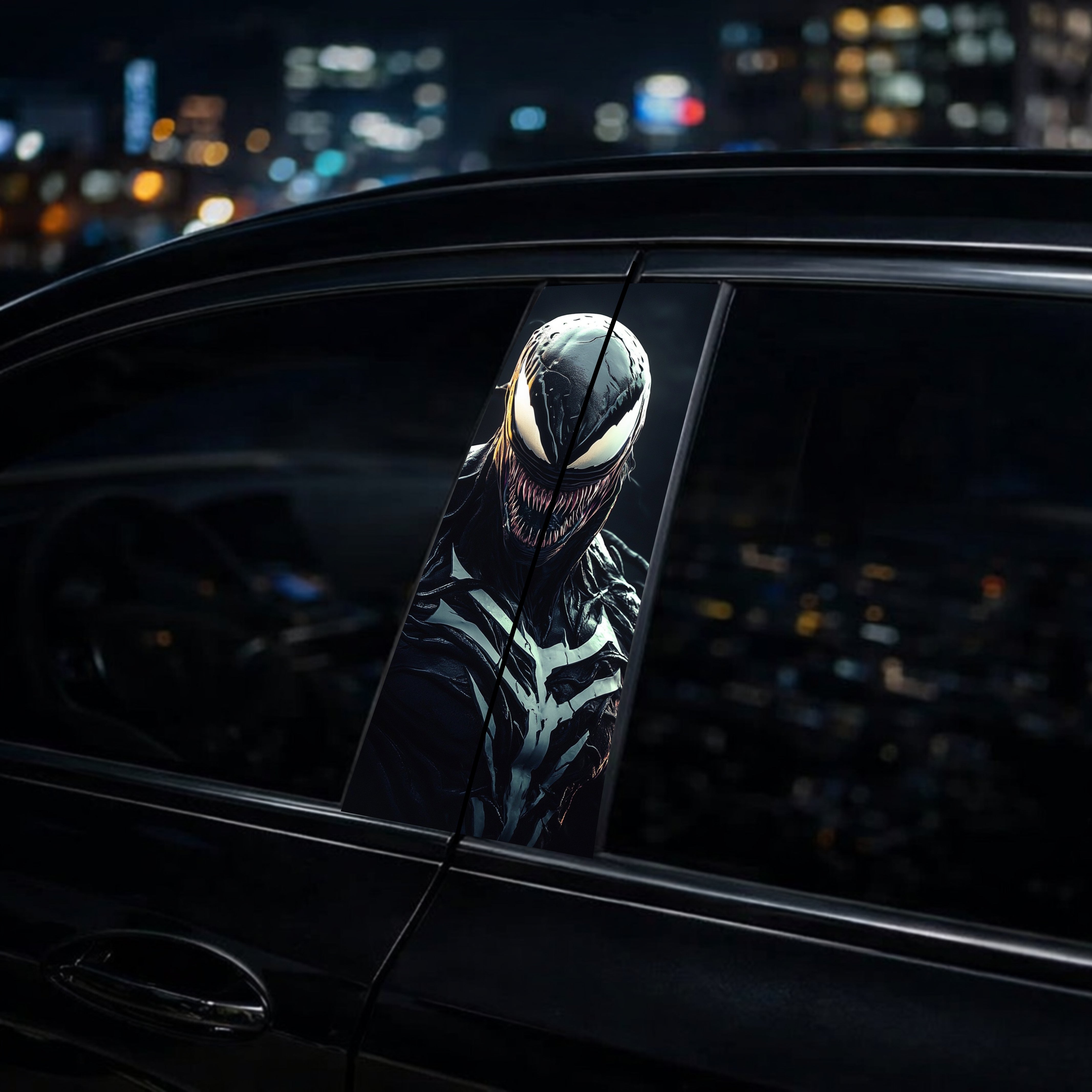 Car window with a decalsurface showing a character in a dark, urban setting