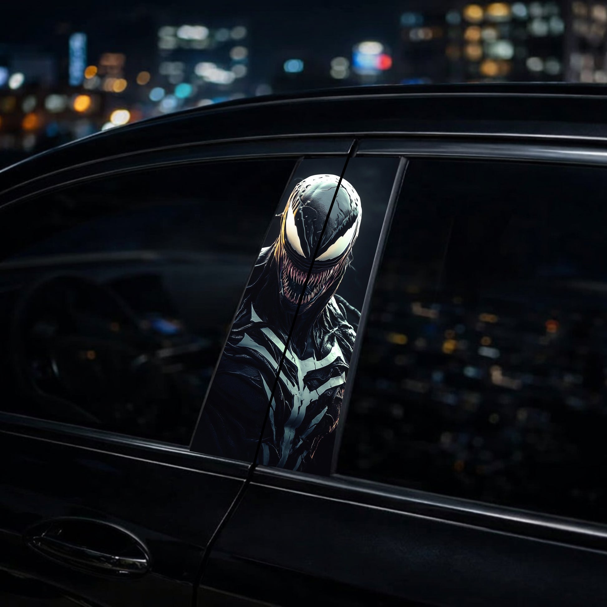 Car window with a decalsurface showing a character in a dark, urban setting