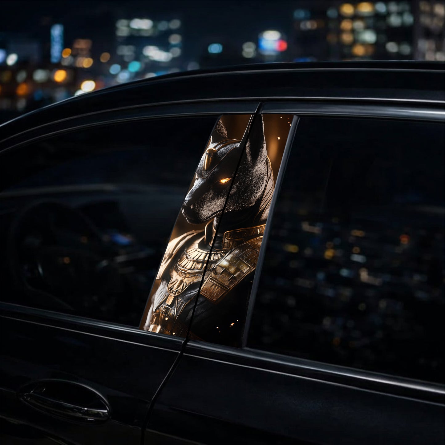 Dog wearing a costume with city lights in the background