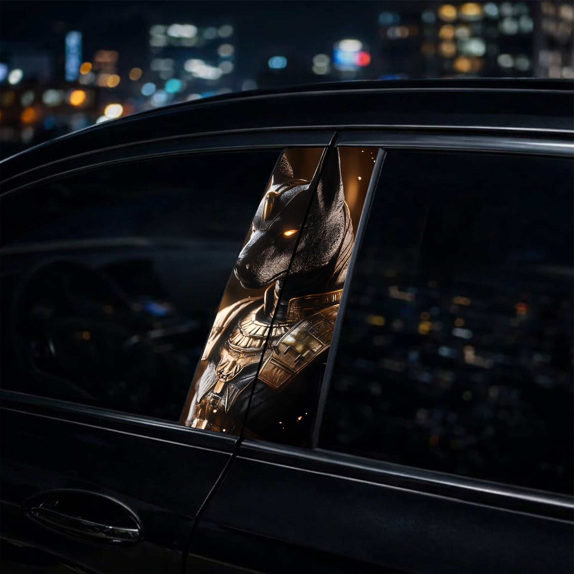 Dog wearing a costume with city lights in the background
