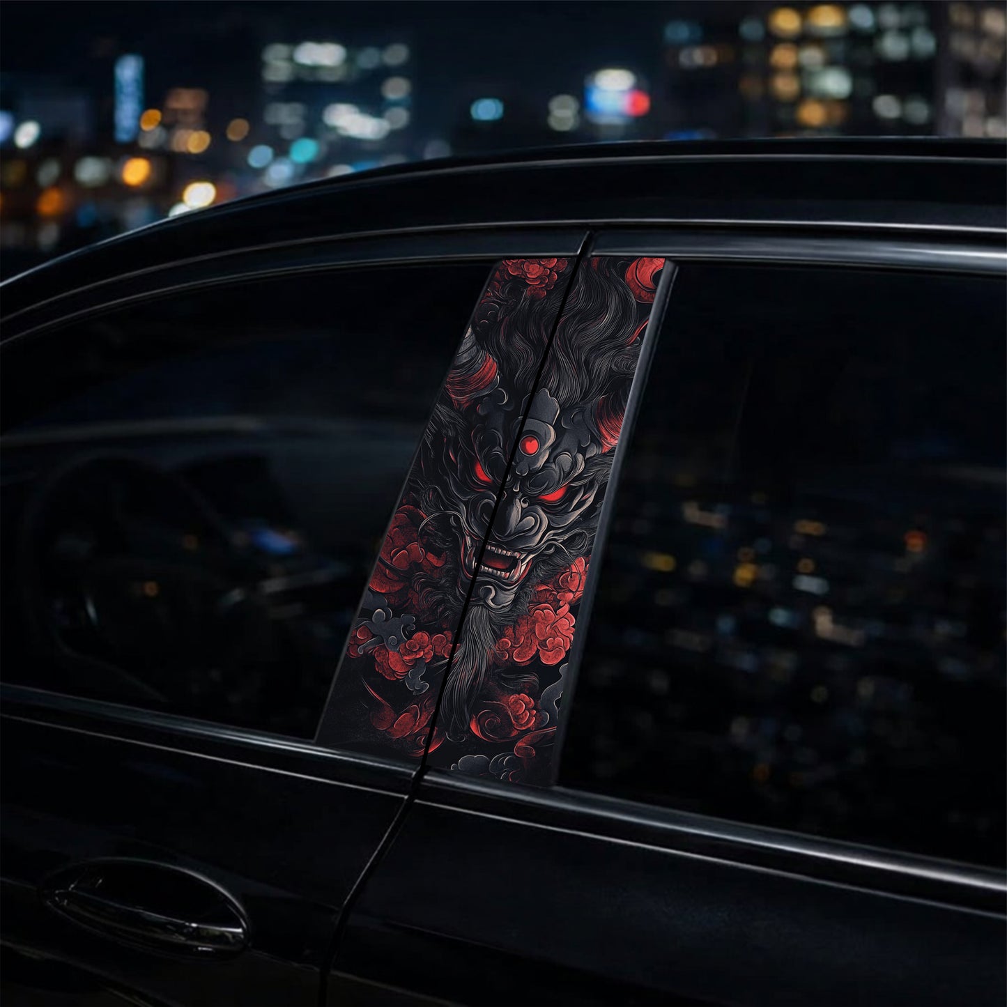 Decorative car window shade with dragon design against a cityscape at night