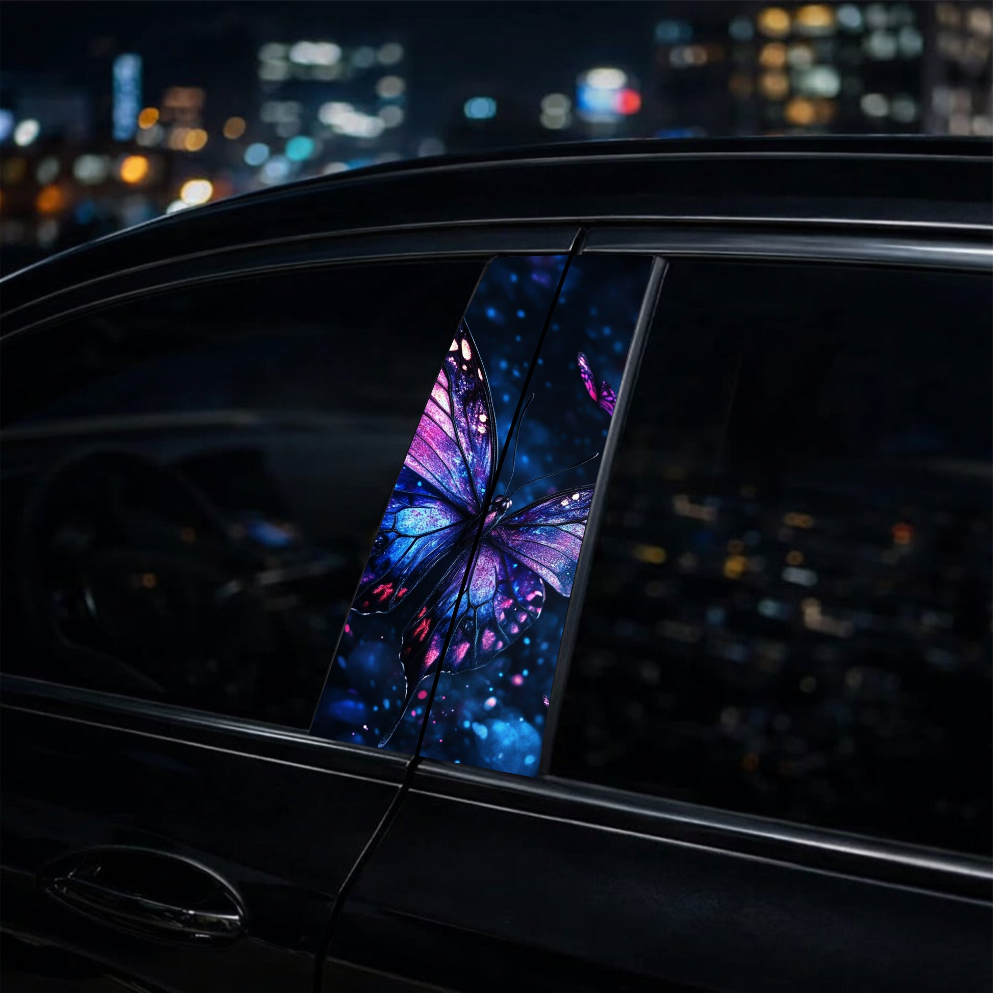 pillar with butterfly design inside a car at night
