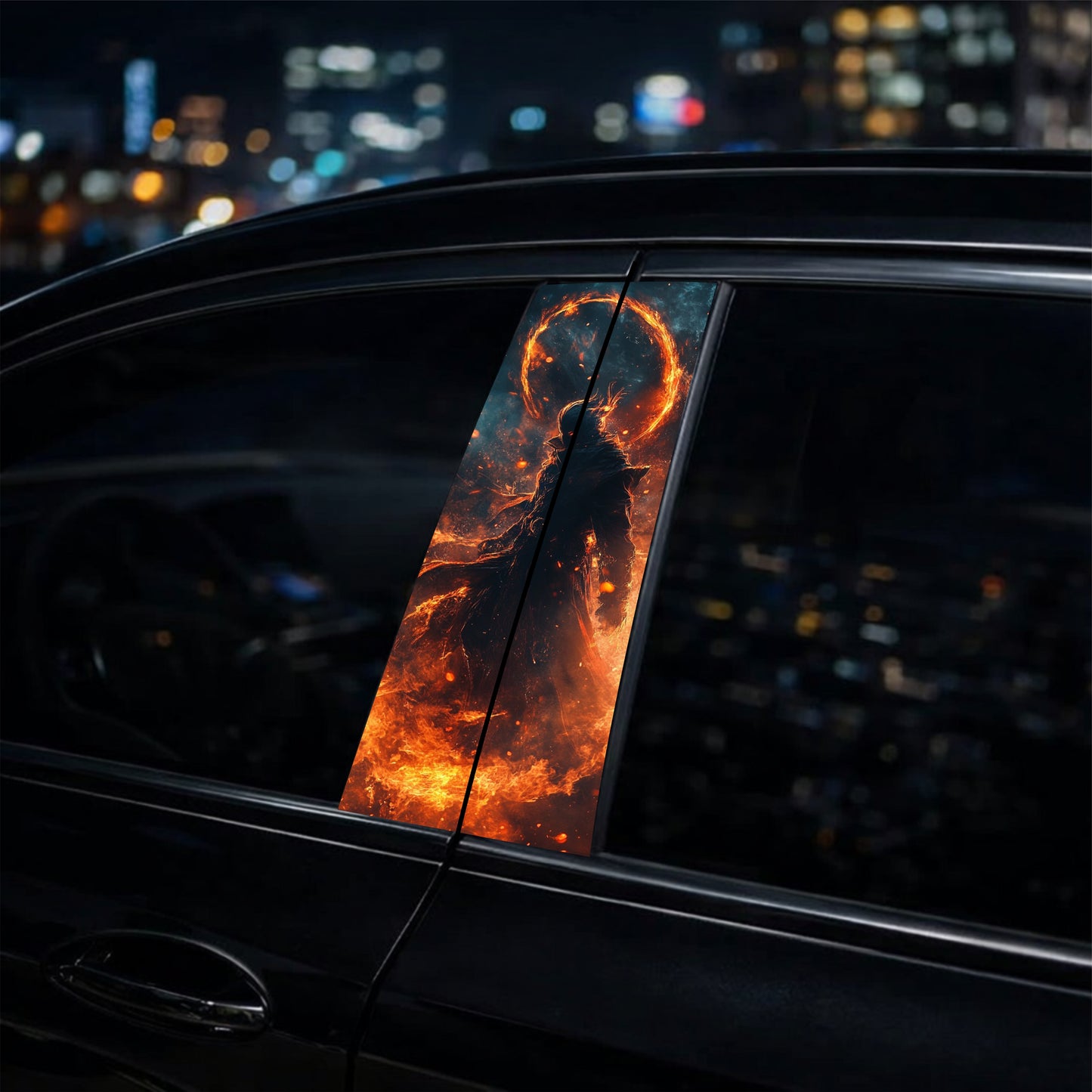 Car window with a decorative decal of a silhouette against a fiery background, city lights blurred in the background.