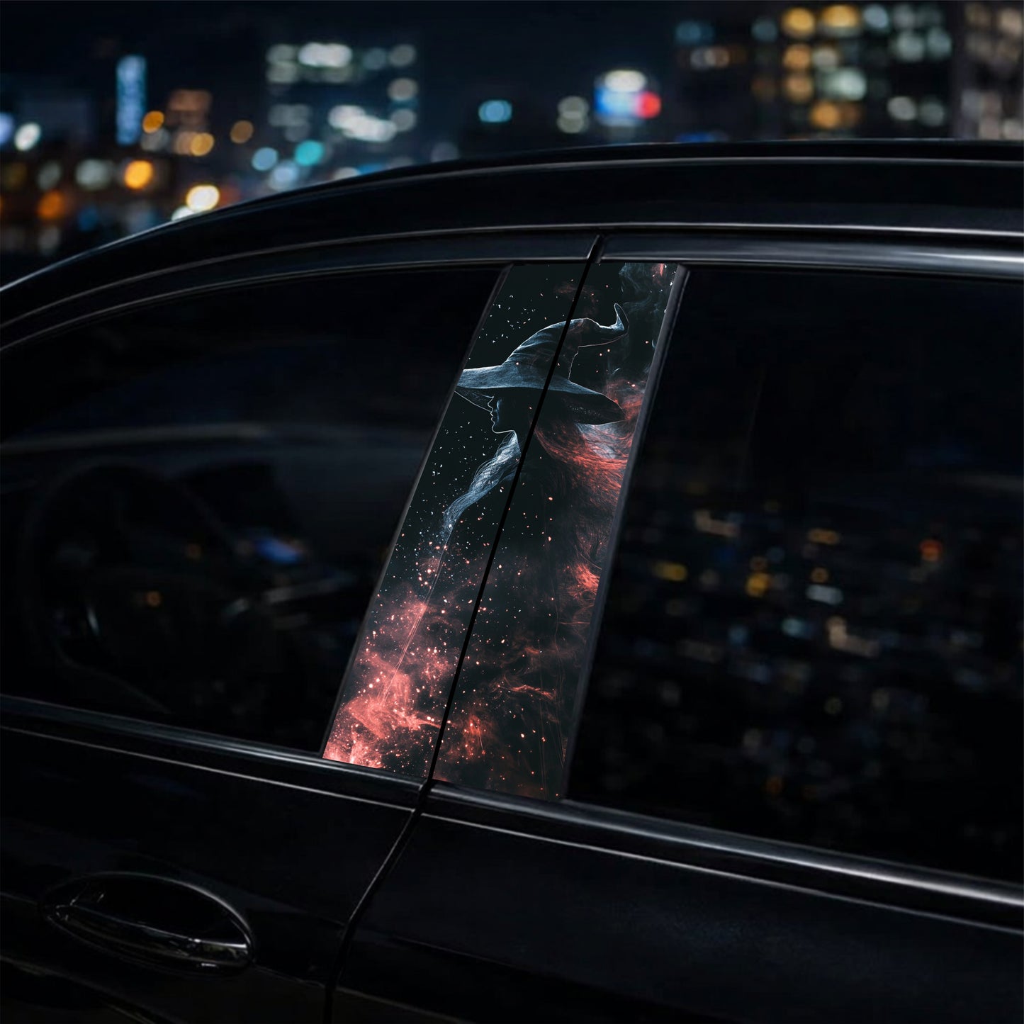 Car window with a decorative膜贴 on a city night background