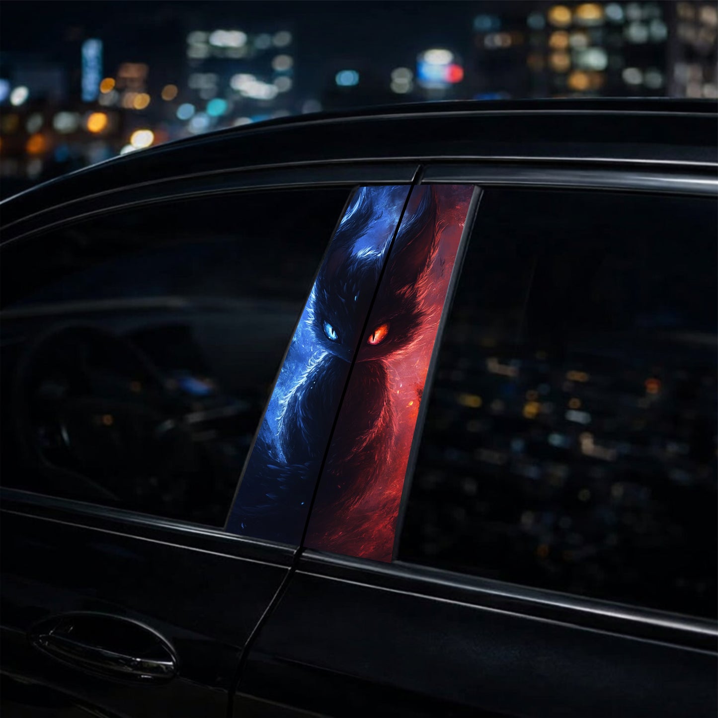 Car window with colorful reflection against a cityscape at night