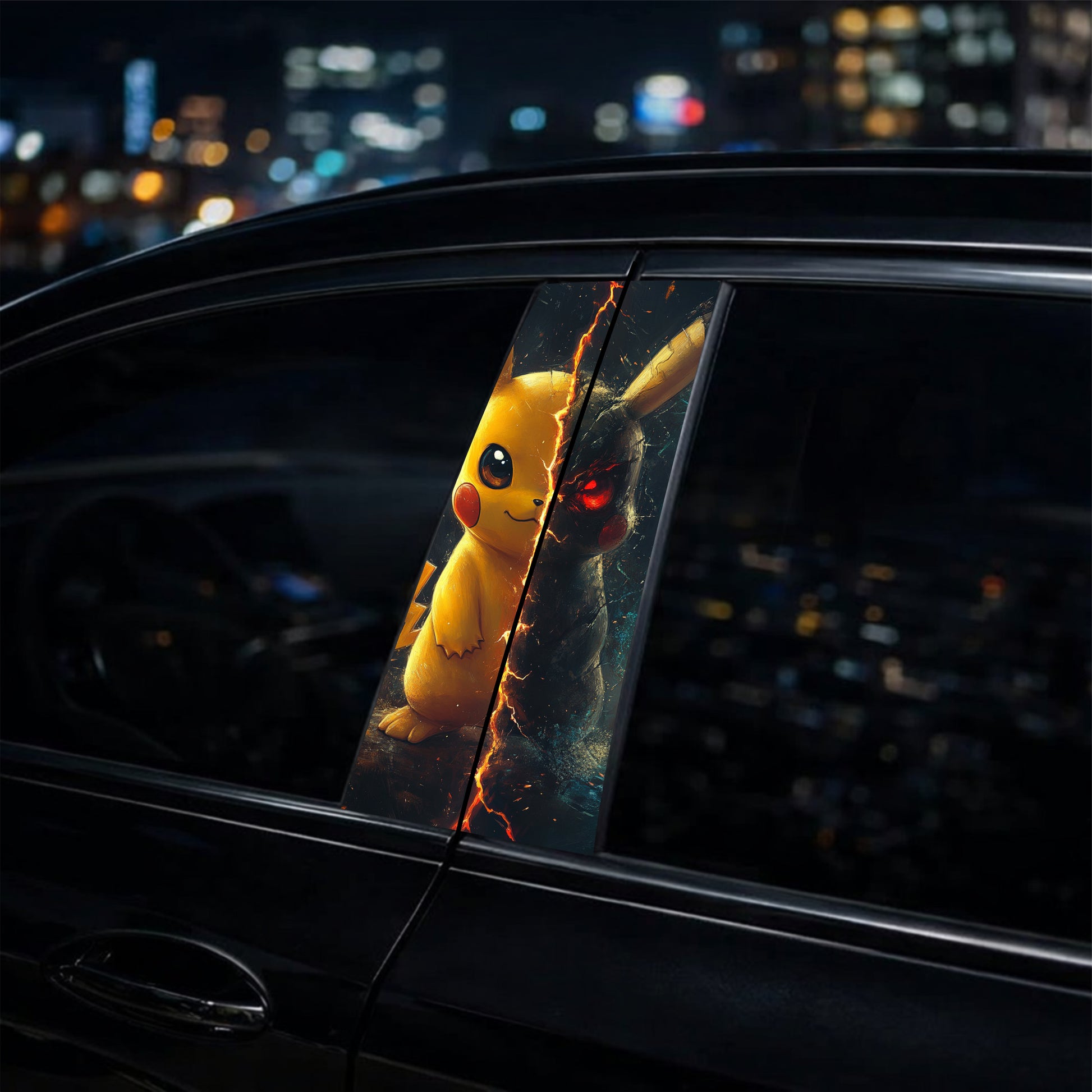 Car window with a cracked screen displaying a stylized Pikachu character against a cityscape background.