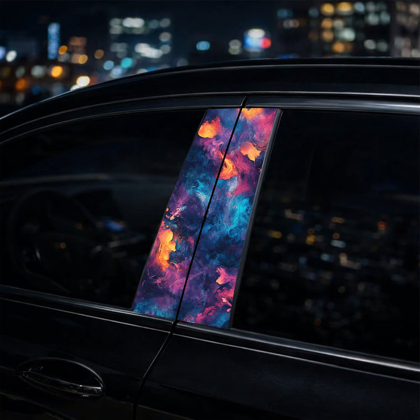 Colorful car window decal with cityscape at night
