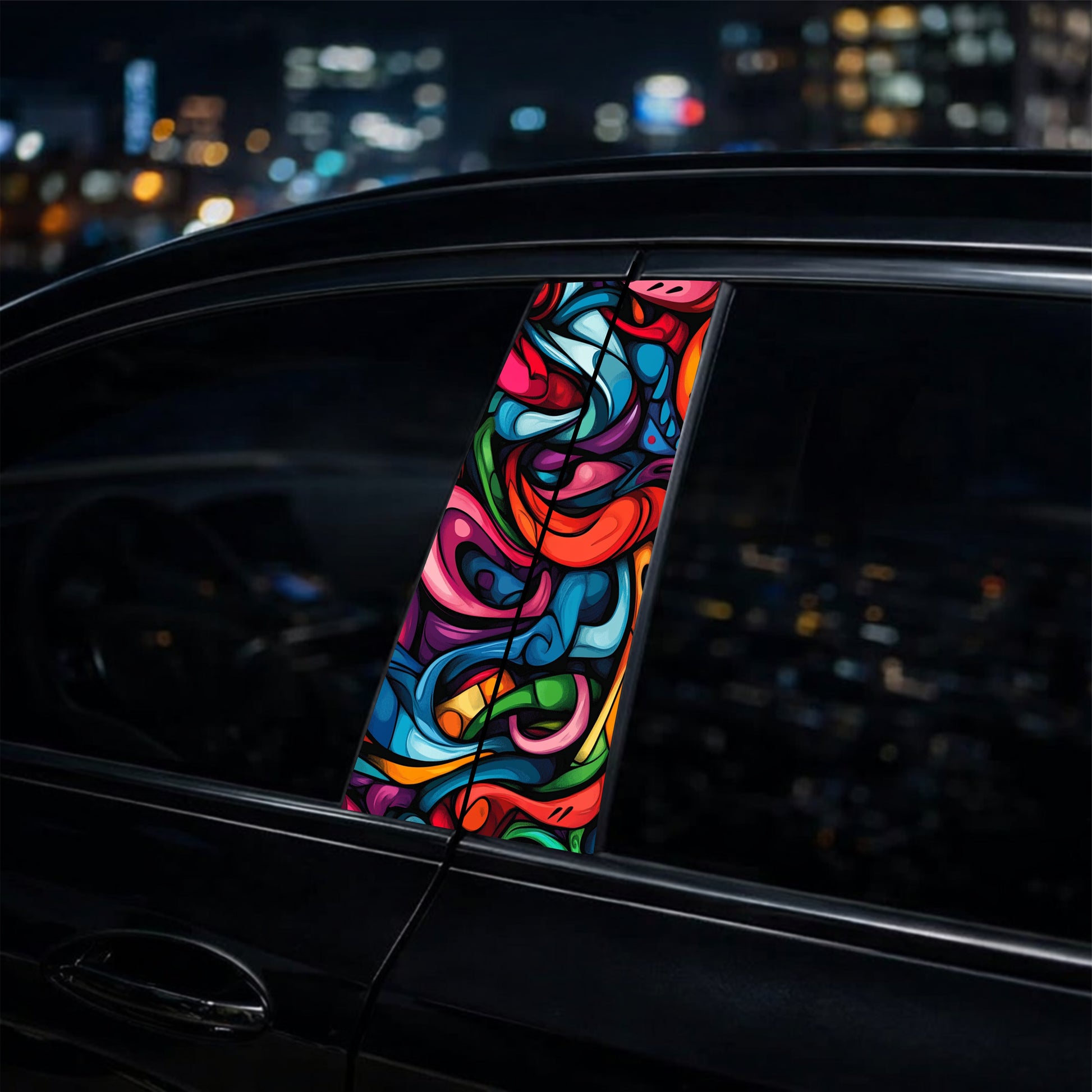 Colorful car rearview mirror cover with cityscape in the background