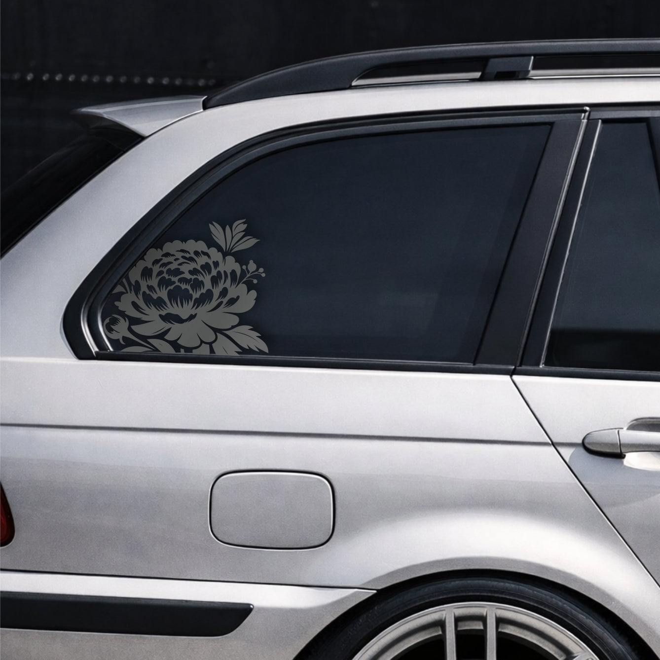 Black Matt PEONY rear side window decal on silver BMW