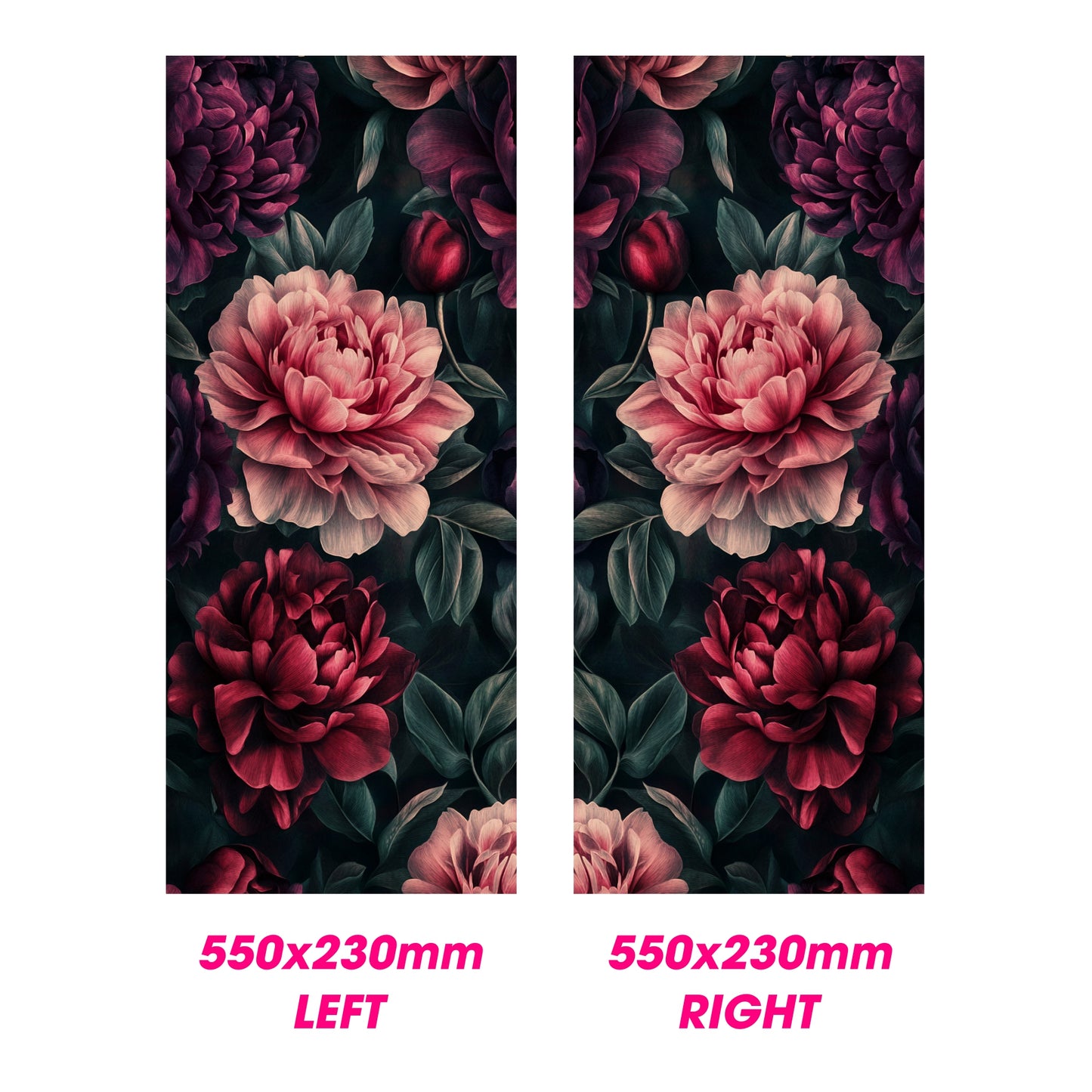 Two floral patterns side by side with dimensions indicated.