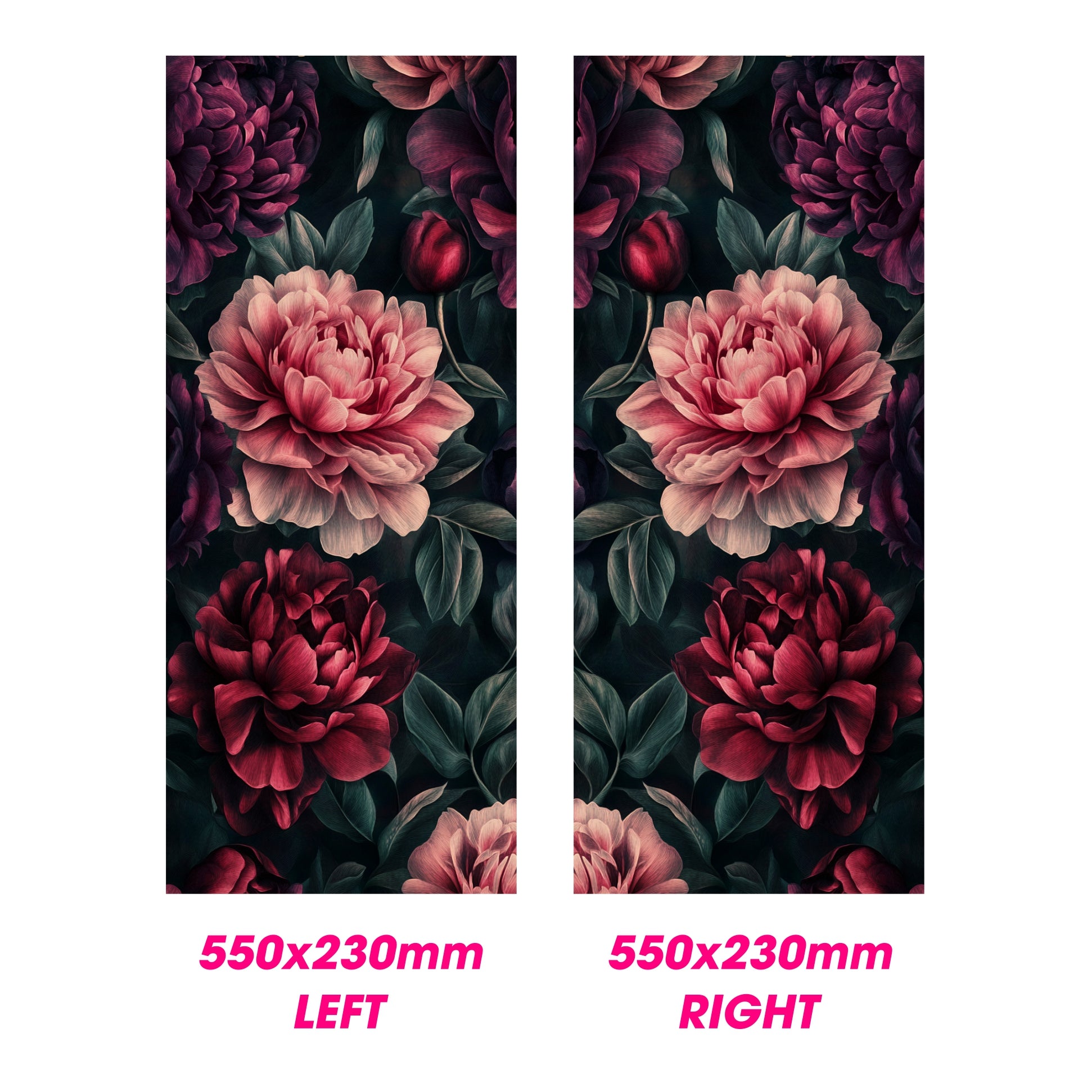 Two floral patterns side by side with dimensions indicated.