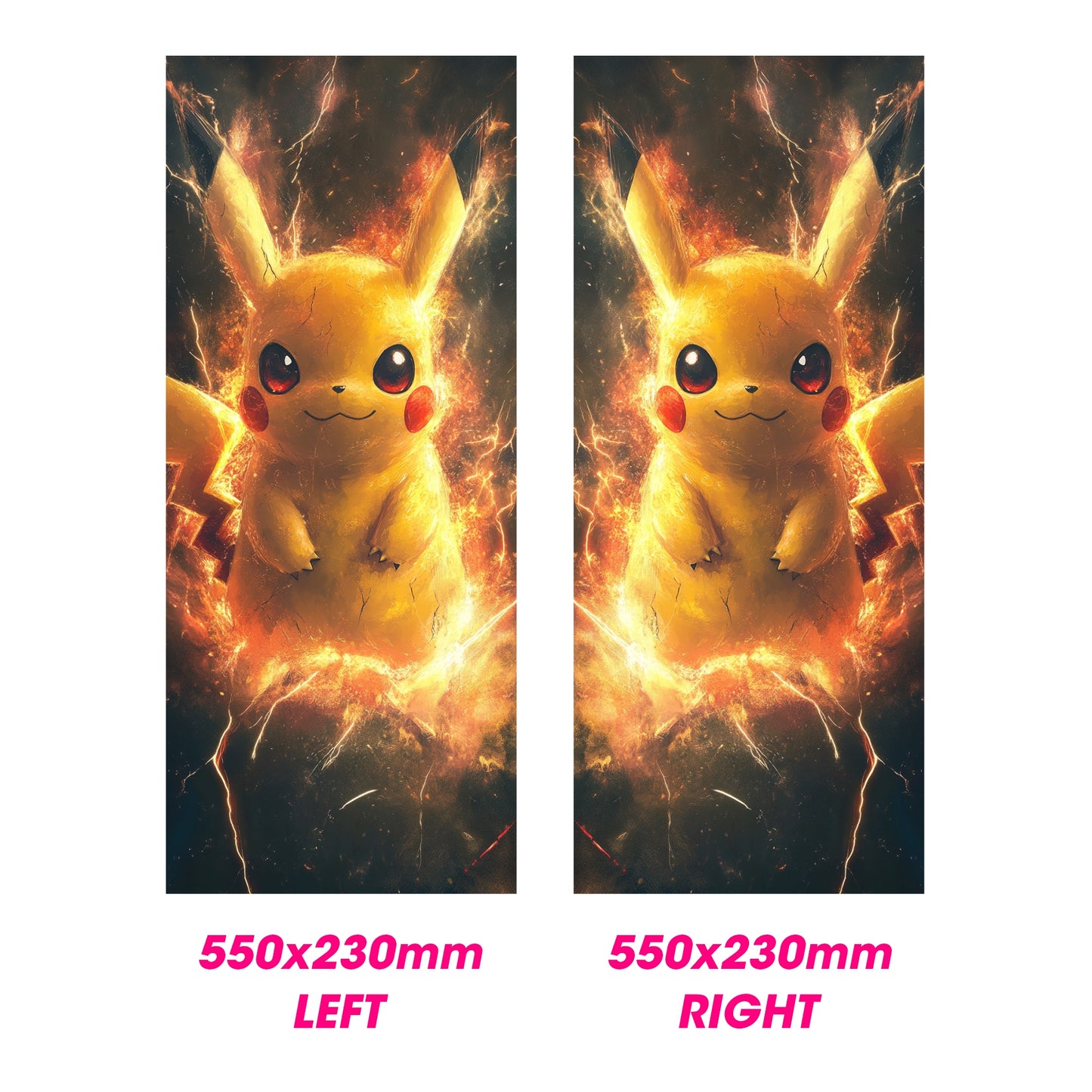 Two identical images of a Pikachu plush toy with flames on a white background.
