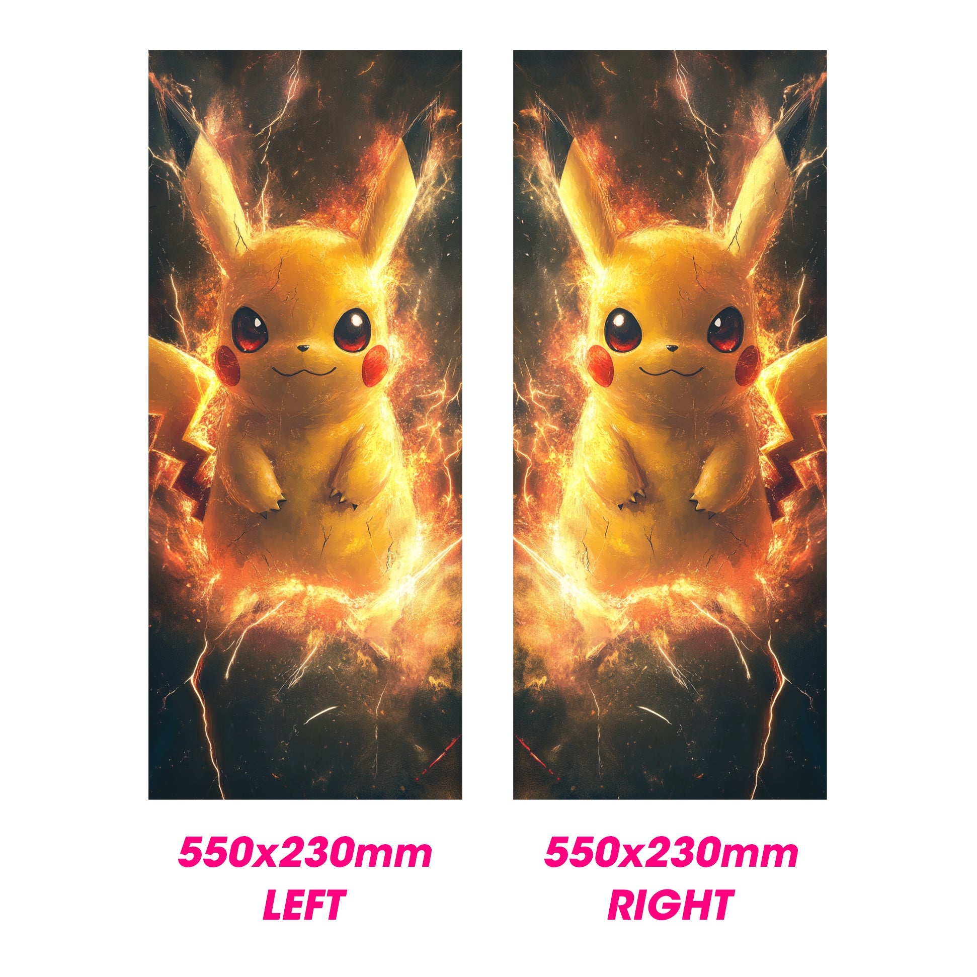 Two identical images of a Pikachu plush toy with flames on a white background.