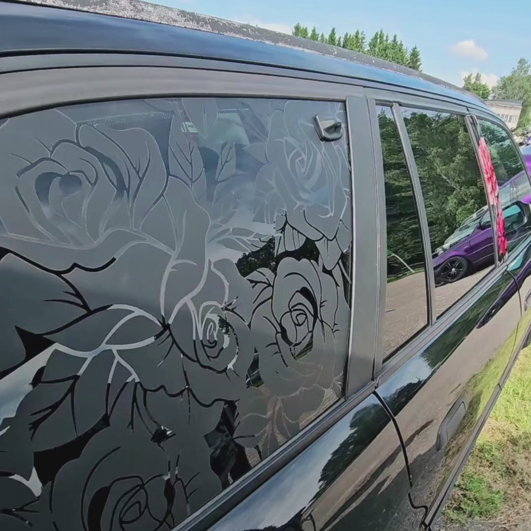 Black Matt SKULL AND ROSES – Rear Window Decal (For Various Cars)