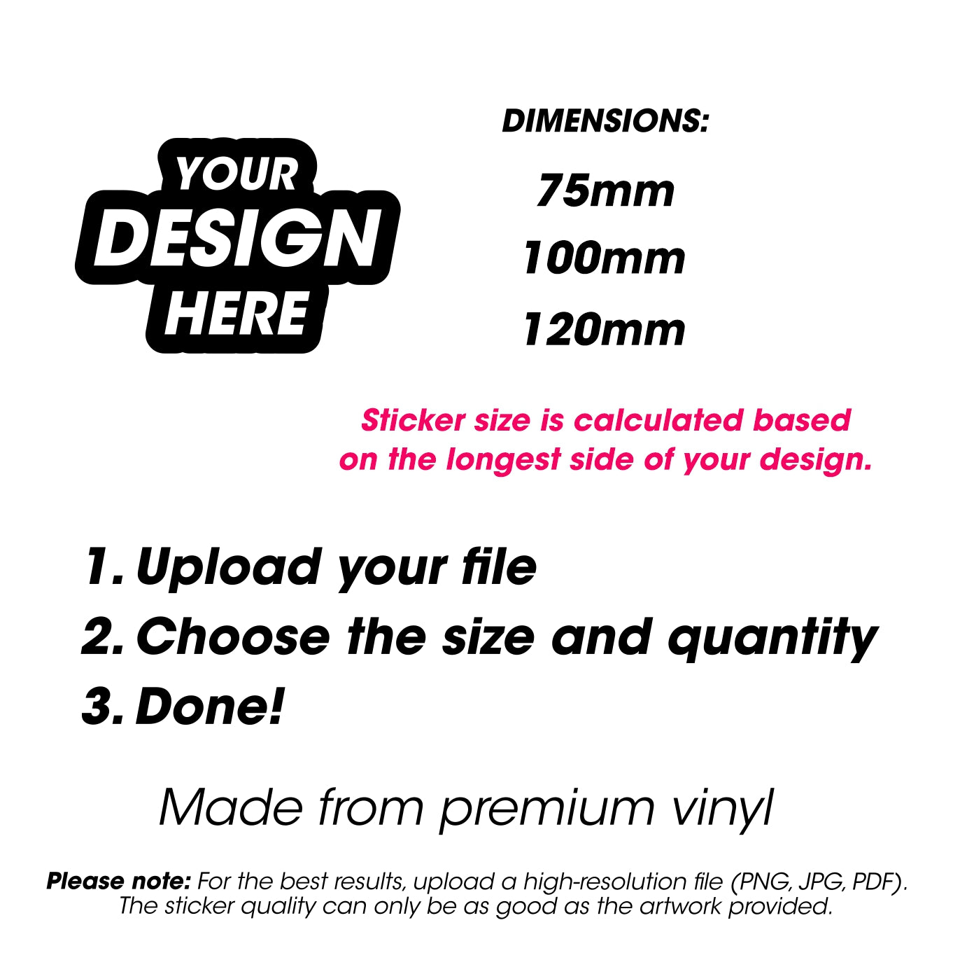 Instructions for customizing and ordering stickers with dimensions and steps to follow.
