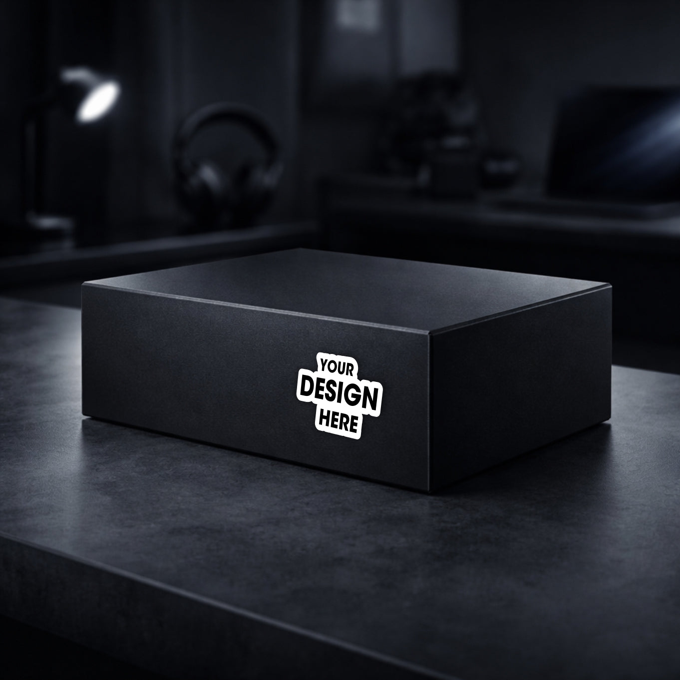 Black box with 'Your Design Here' label on a dark surface
