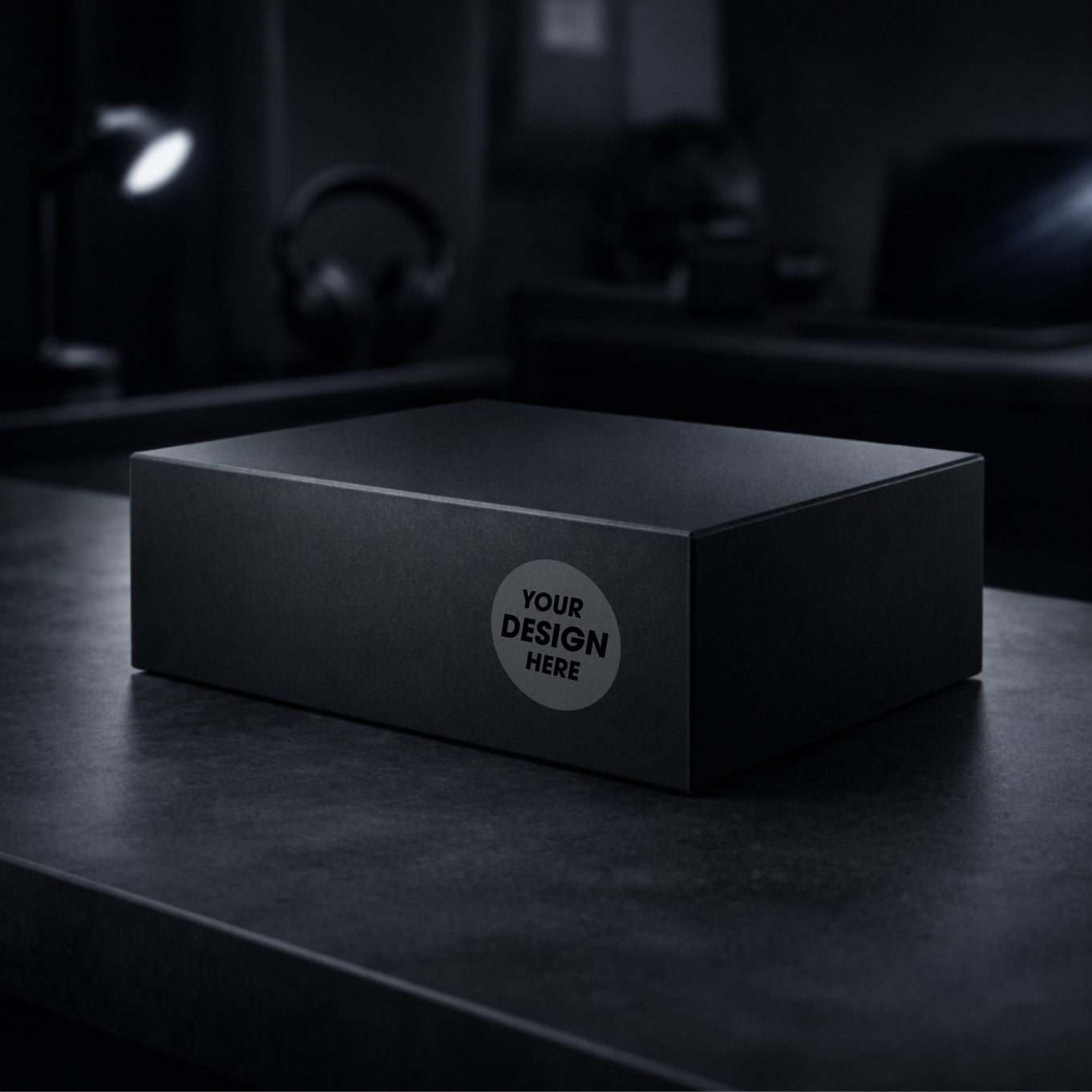 Black box with a customizable label on a dark surface