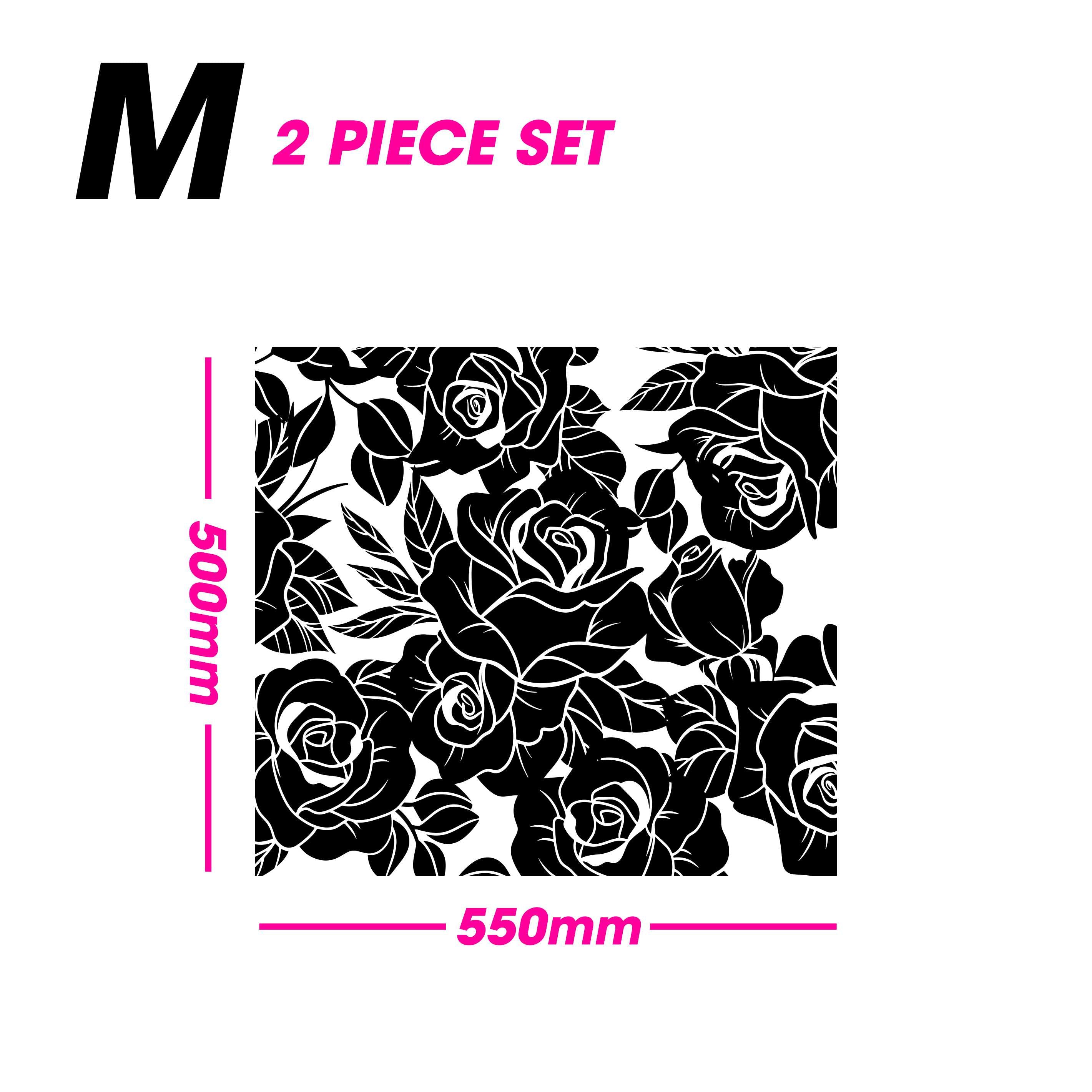 2-piece set of black rose pattern on a white background with dimensions indicated.