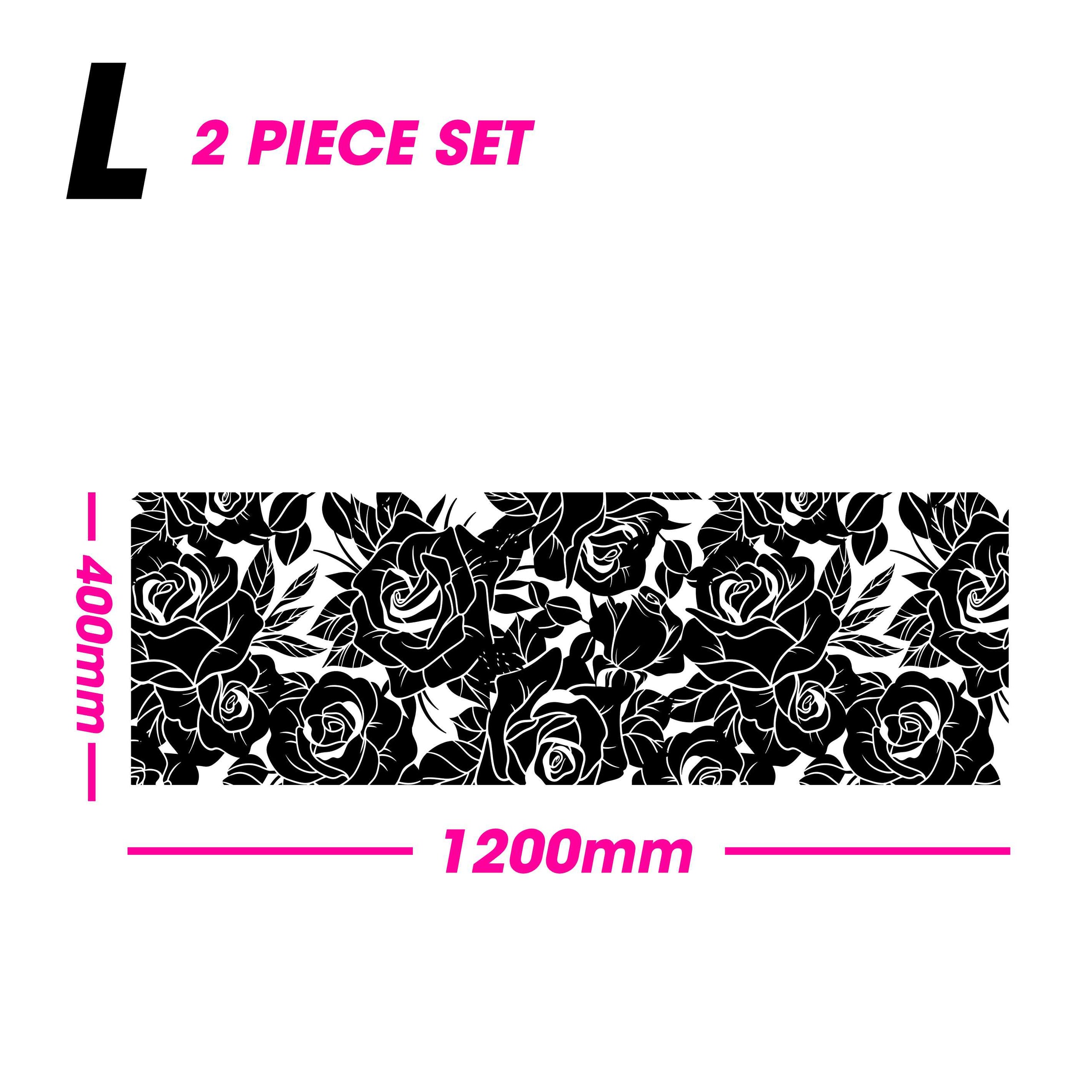 2-piece set with black rose pattern and dimensions on a white background