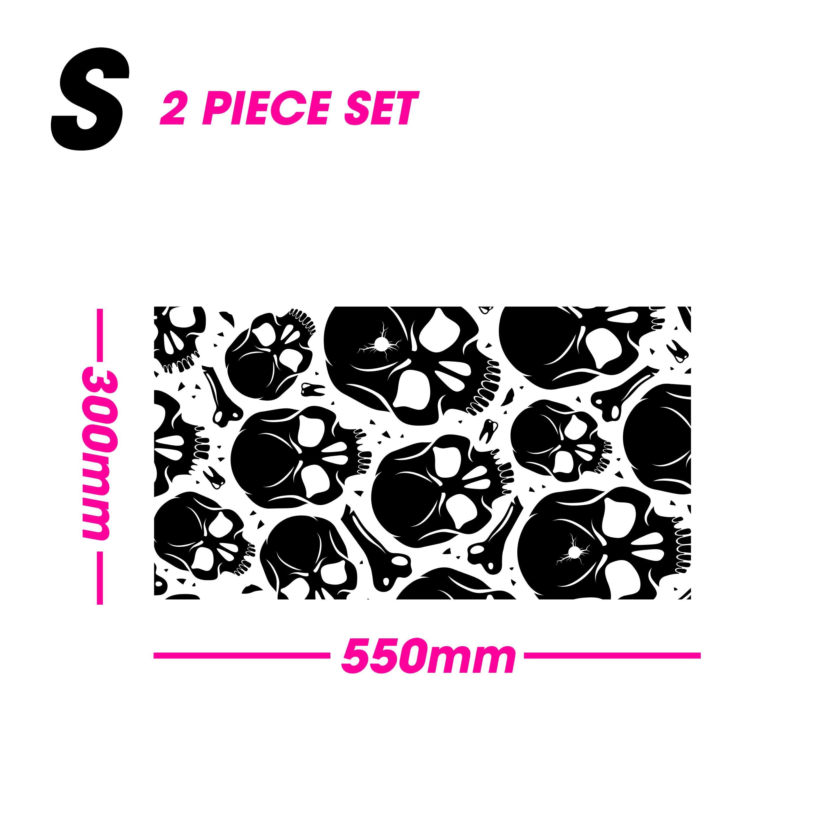 Two-piece set packaging with skull pattern and dimensions on a white background