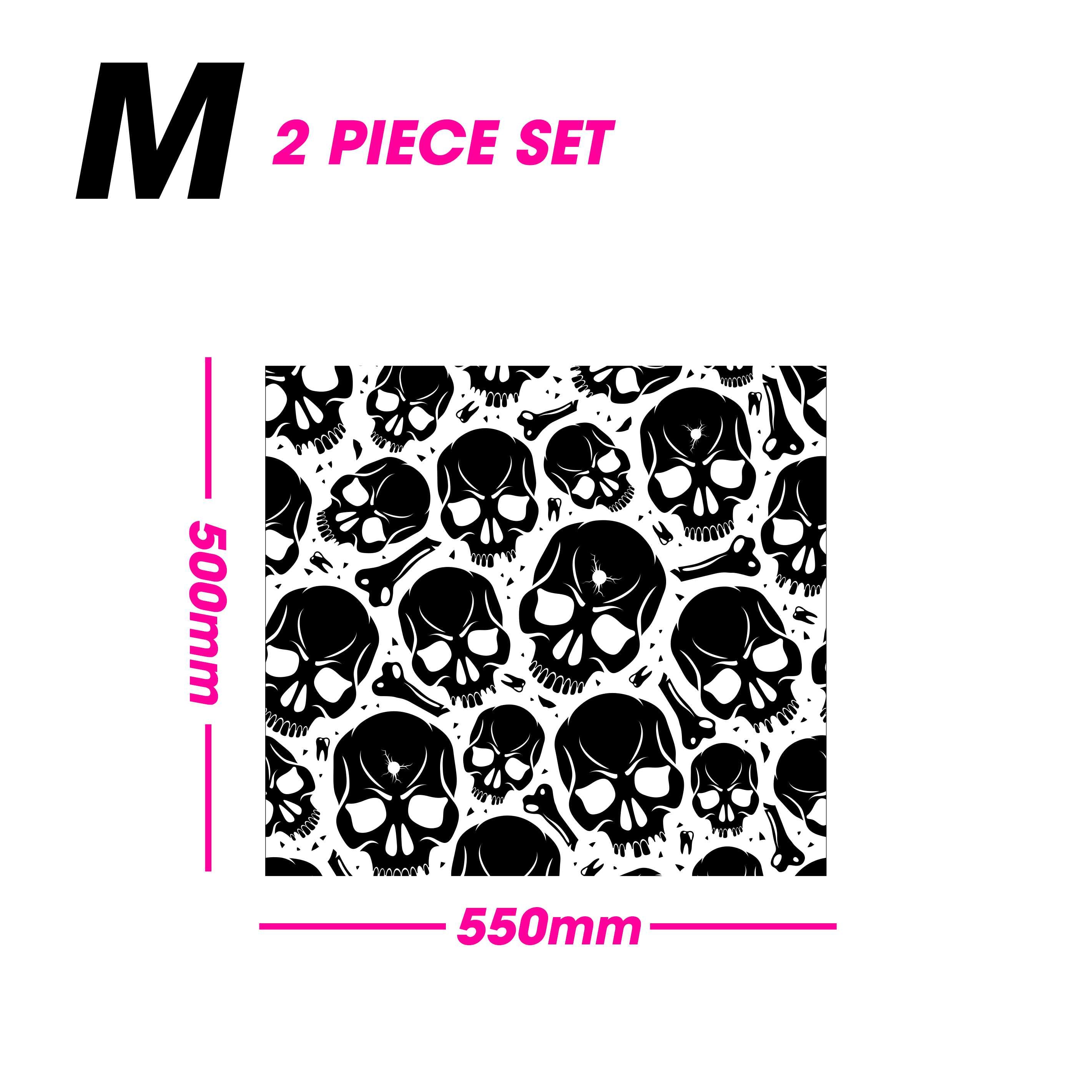 Two-piece set with skull pattern and dimensions on a white background