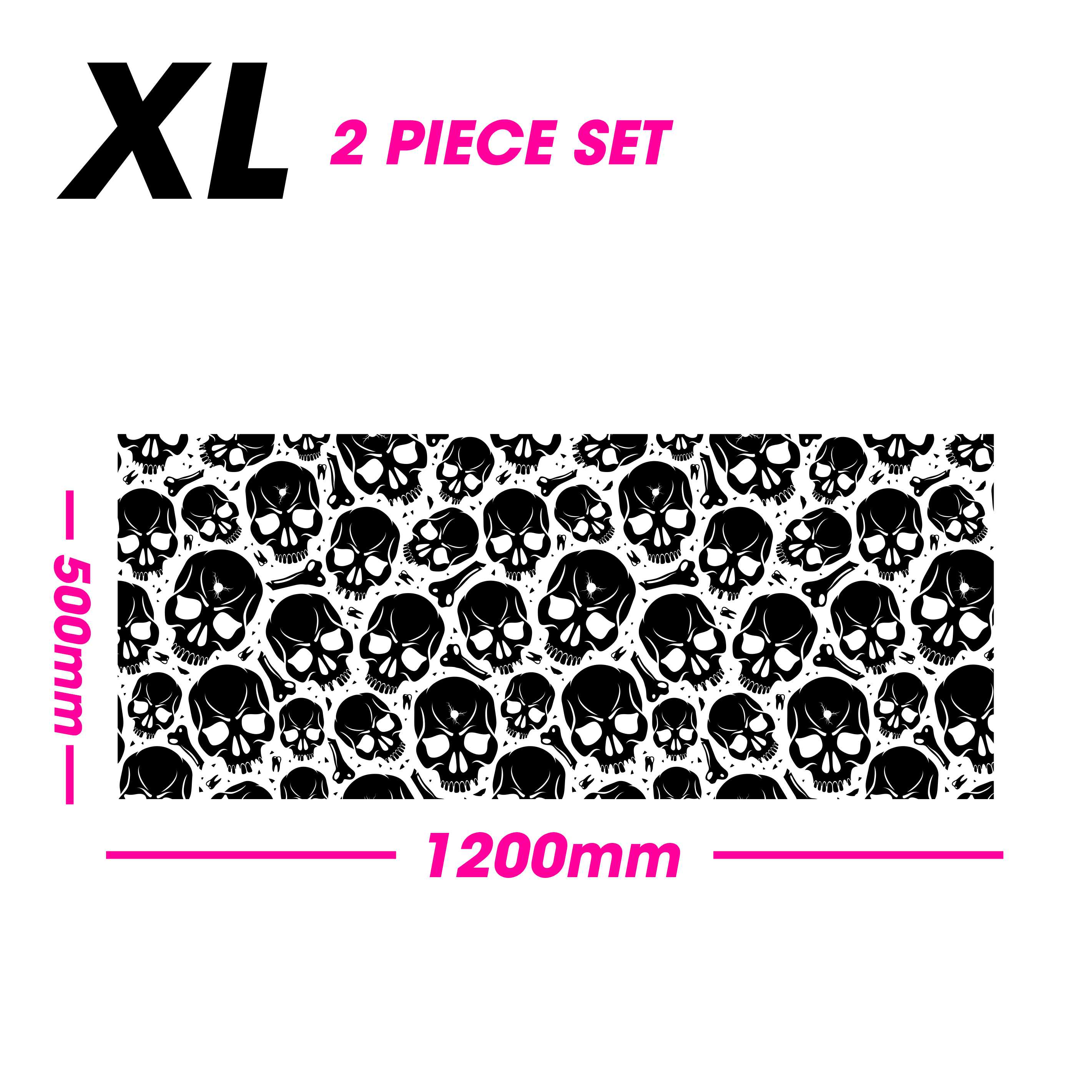 Skull patterned product packaging with dimensions and 'XL 2 Piece Set' text on a white background