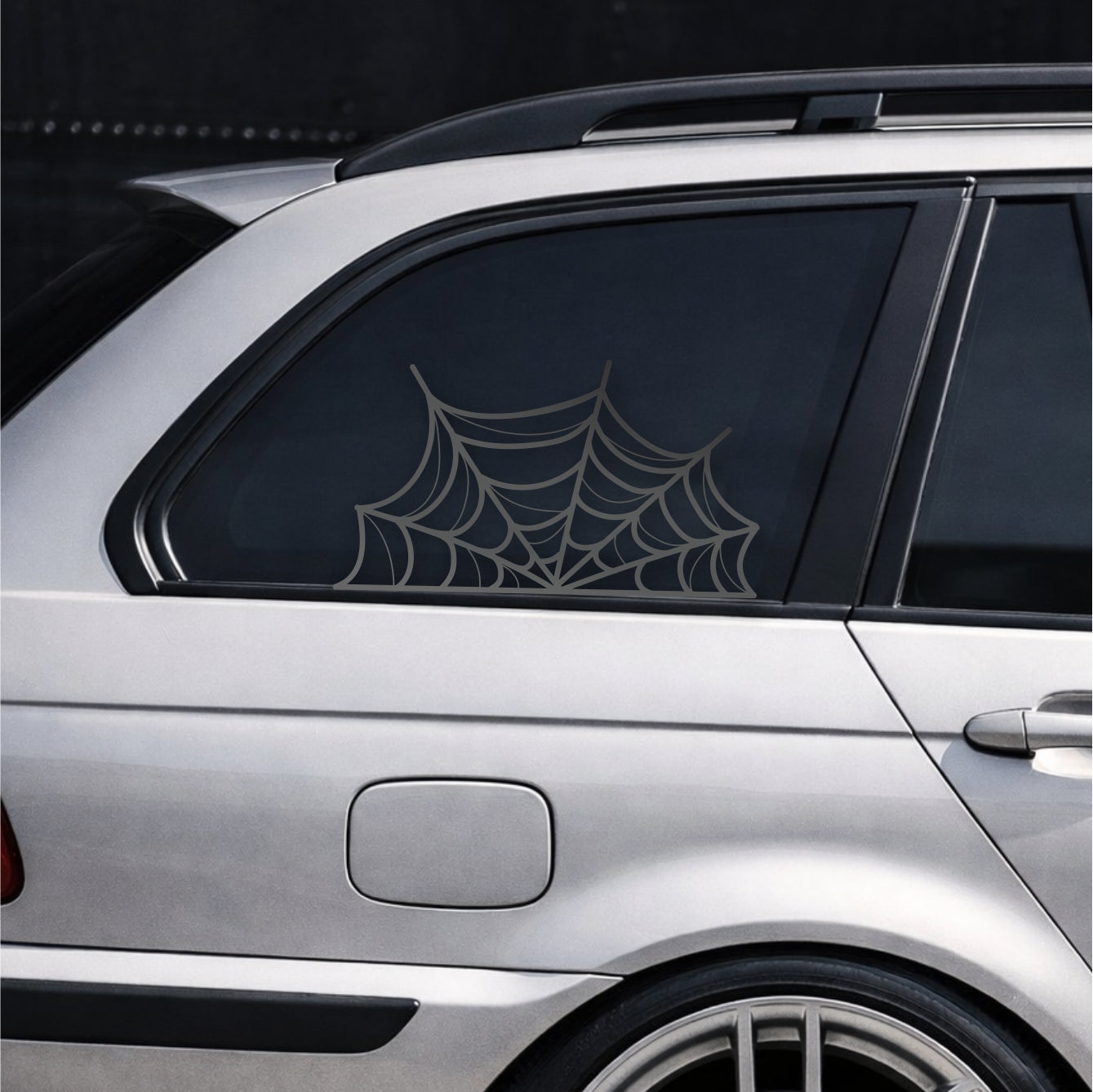 Black Matt SPIDER WEB rear side window decal on silver BMW