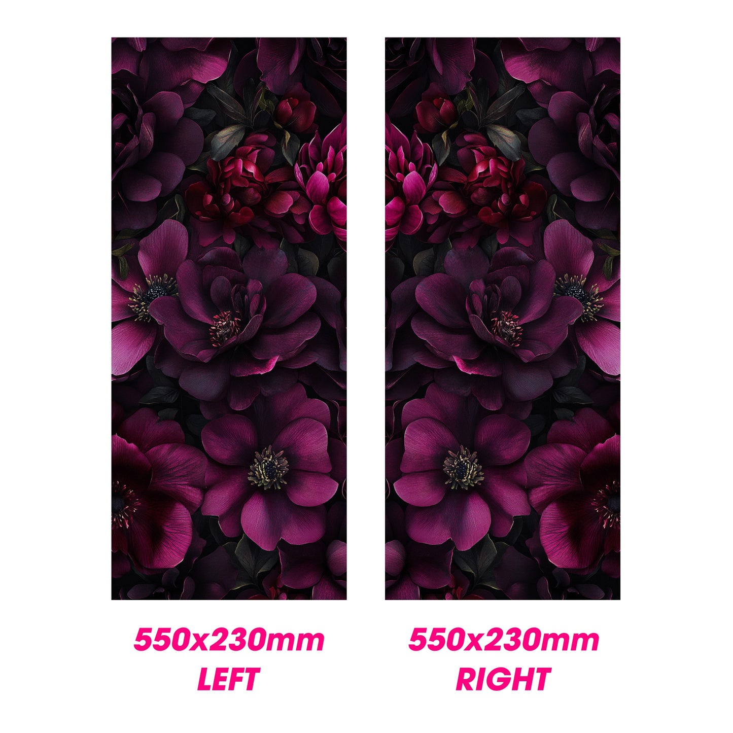 Two panels with purple floral design, labeled 'LEFT' and 'RIGHT', on a white background.