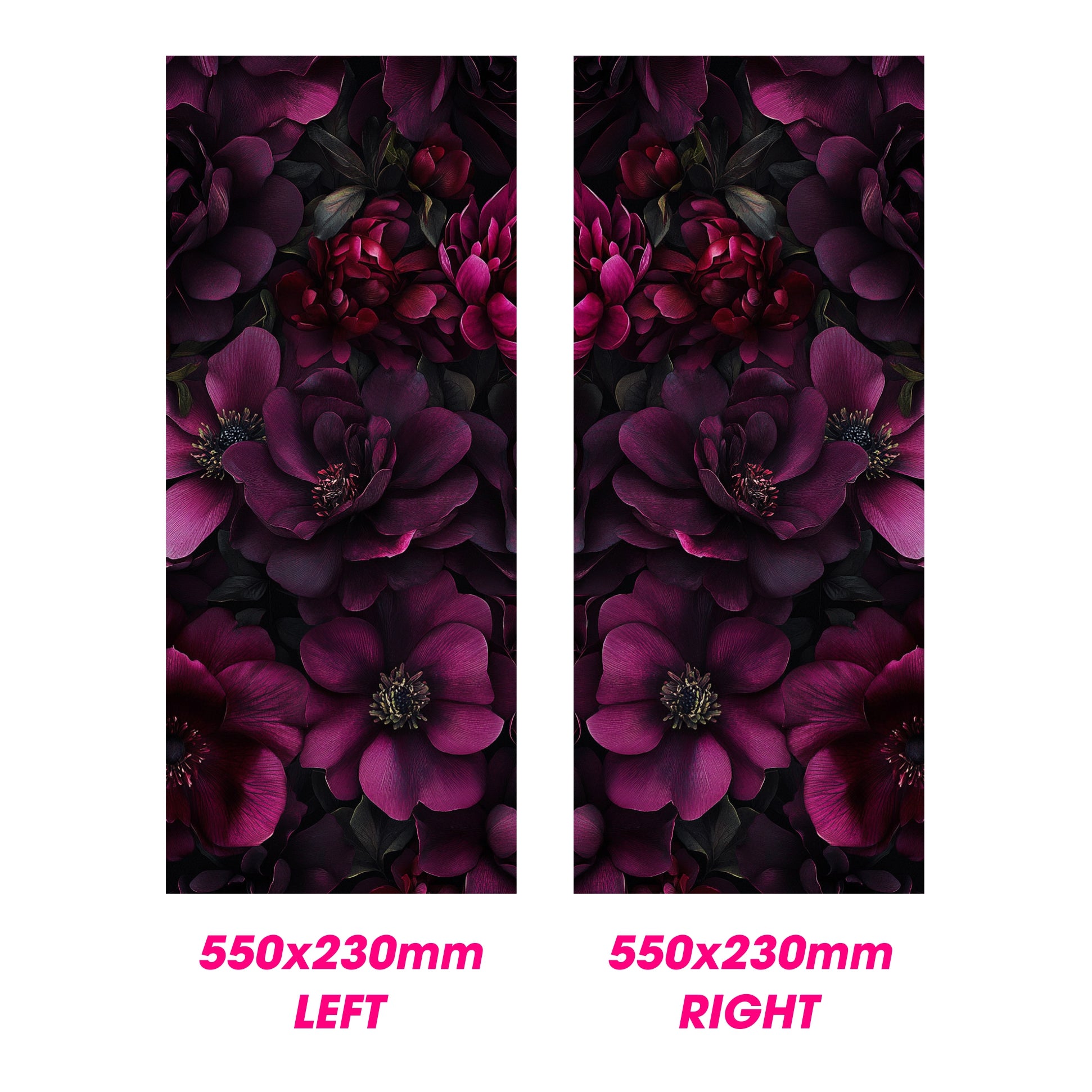 Two panels with purple floral design, labeled 'LEFT' and 'RIGHT', on a white background.