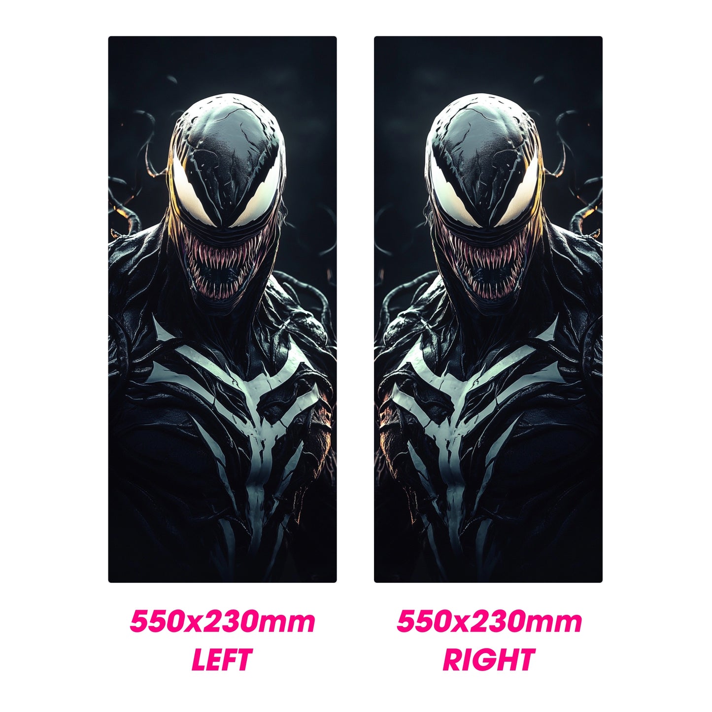 Two Venom-themed posters with dimensions labeled on a white background