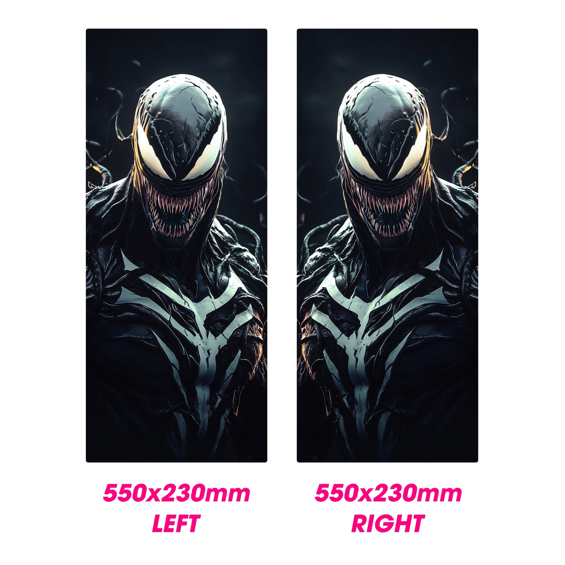 Two Venom-themed posters with dimensions labeled on a white background