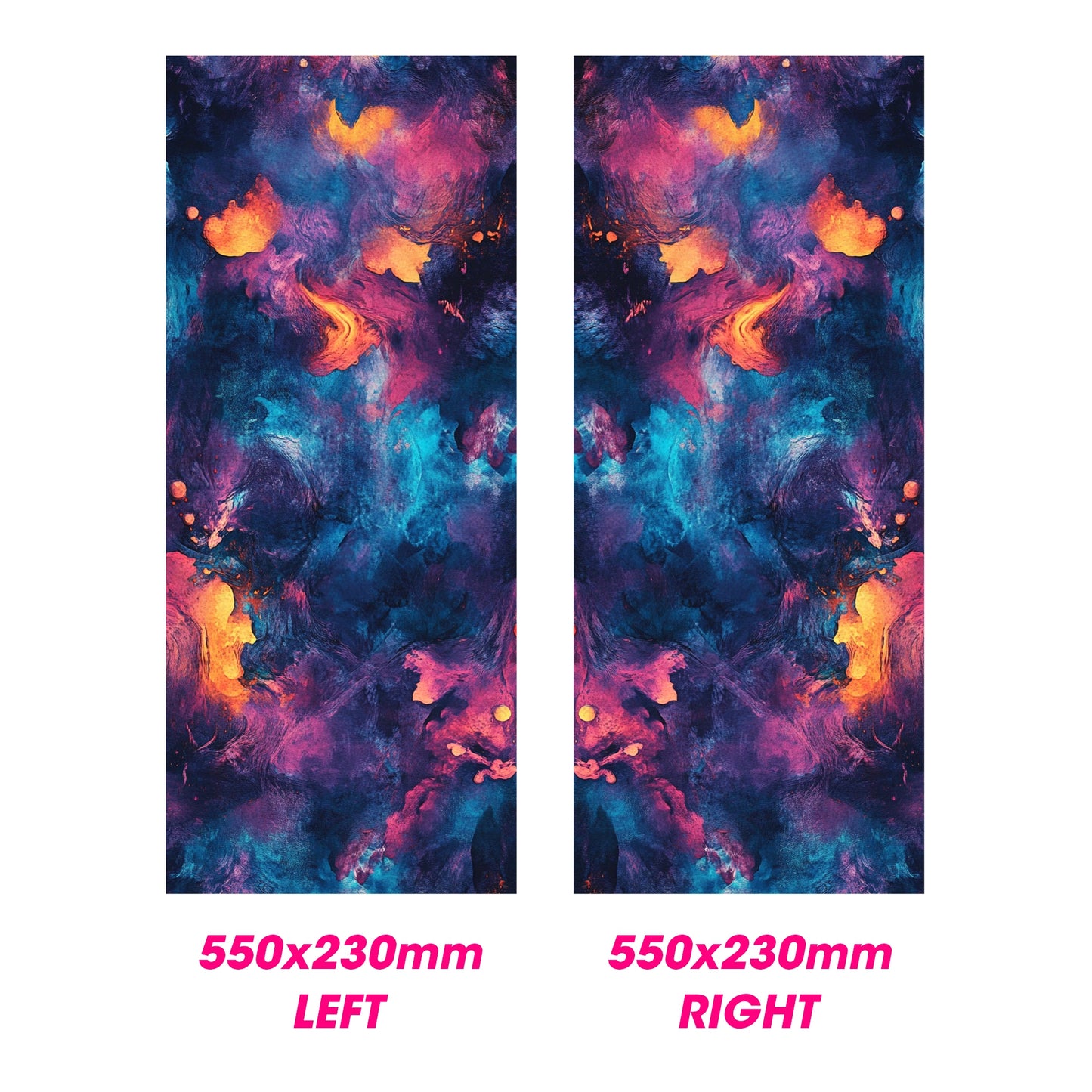 Two panels with a colorful abstract design, each 550x230mm, on a white background.