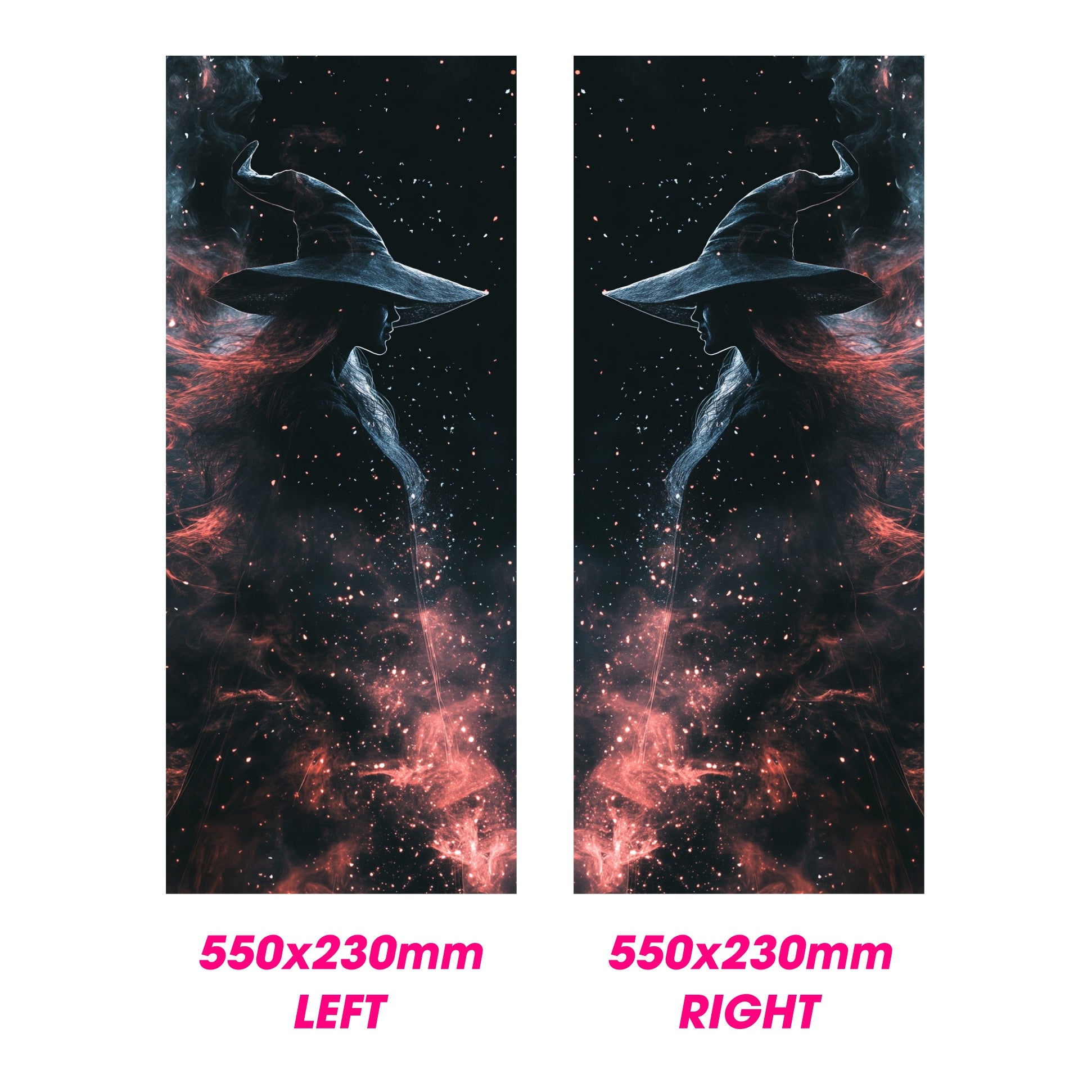 Two panels of a spaceship against a space-themed background with dimensions labeled.